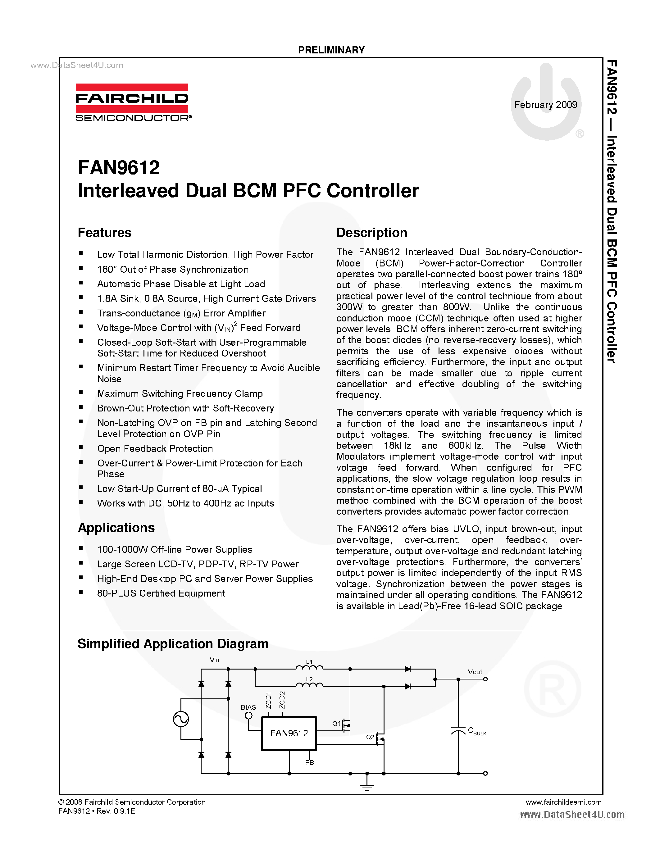 Даташит на микросхему FAN9612 страница 1 Даташит FAN9612 - Interleaved Dual BCM PFC Controller страница 1