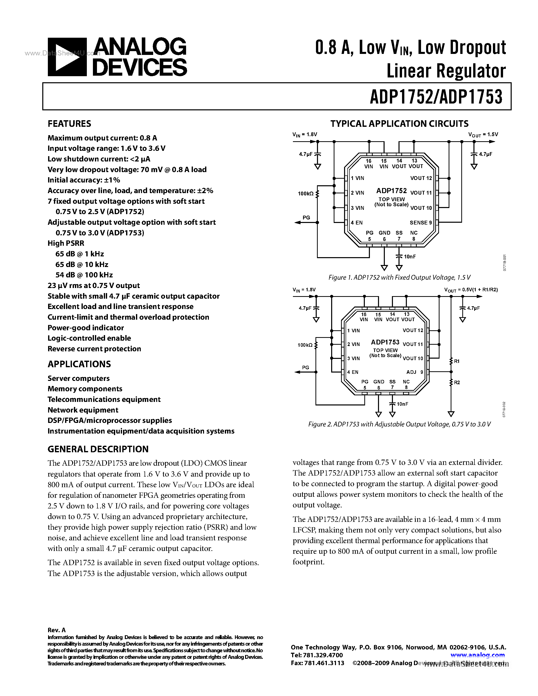 Datasheet ADP1752 - (ADP1752 / ADP1753) 800mA Low-Vin LDO Regulator page 1