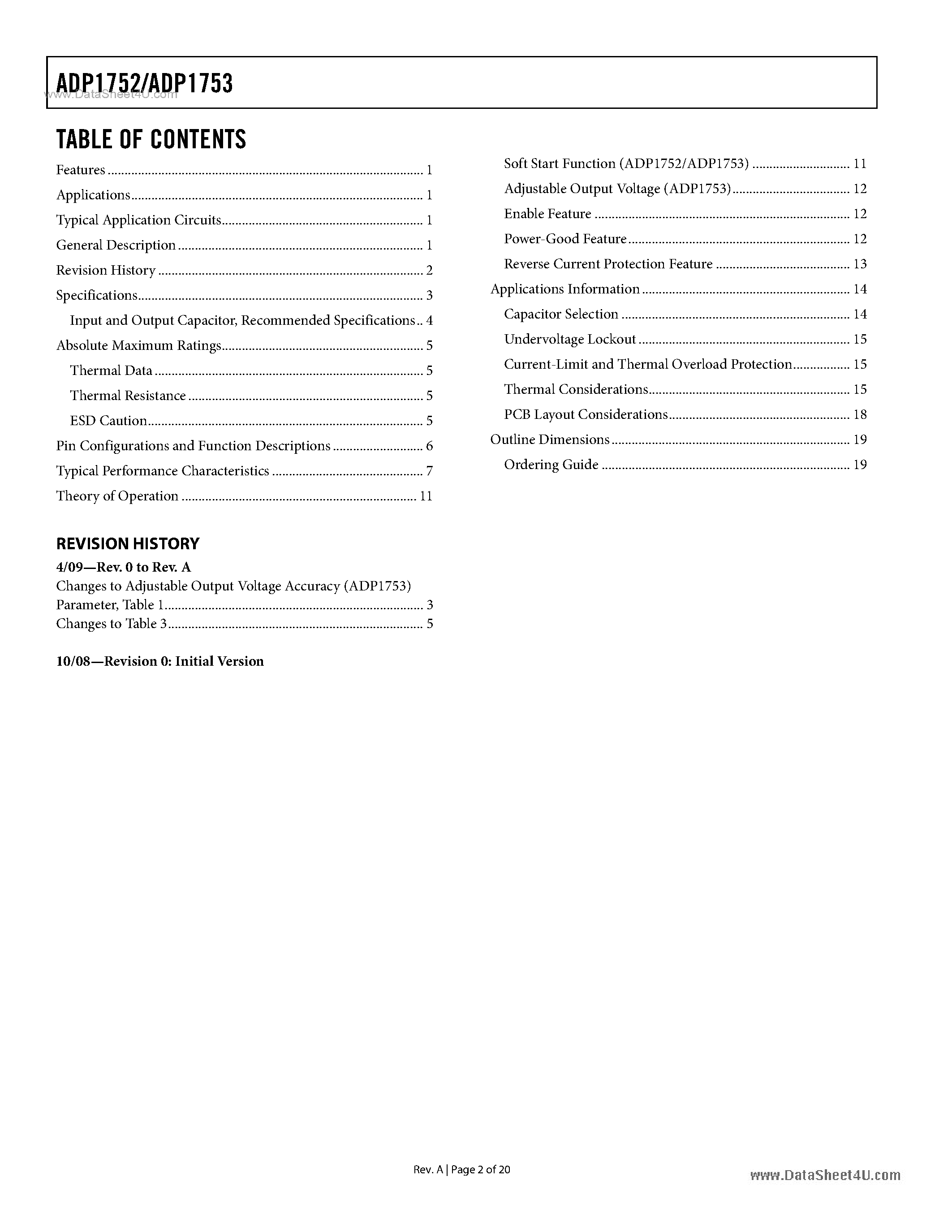 Datasheet ADP1752 - (ADP1752 / ADP1753) 800mA Low-Vin LDO Regulator page 2