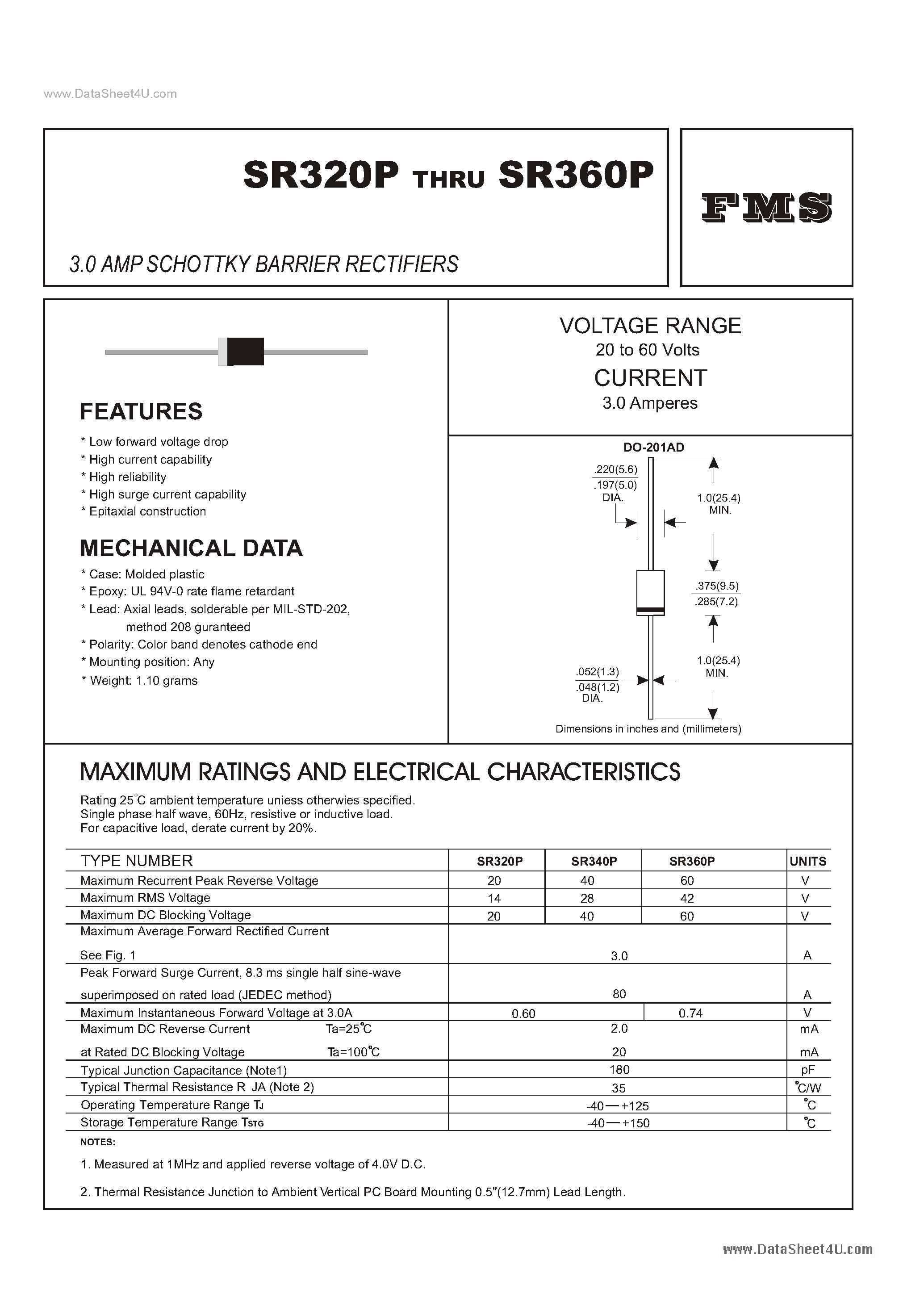 Datasheet SR320P - (SR320P - SR360P) 3.0 AMP SCHOTTKY BARRIER RECTIFIERS page 1