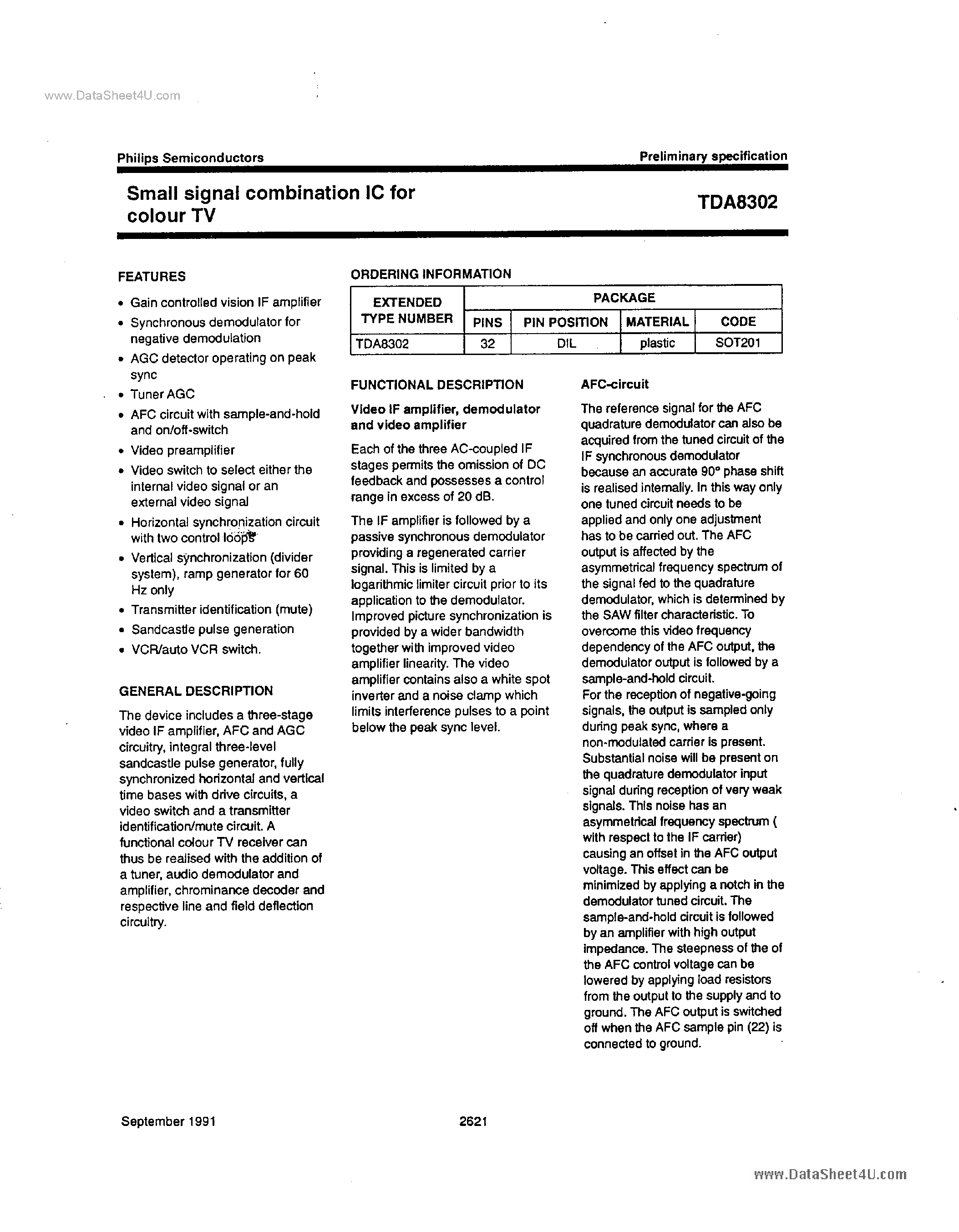 Datasheet TDA8302 - SMALL SIGNAL COMBINATION IC page 1