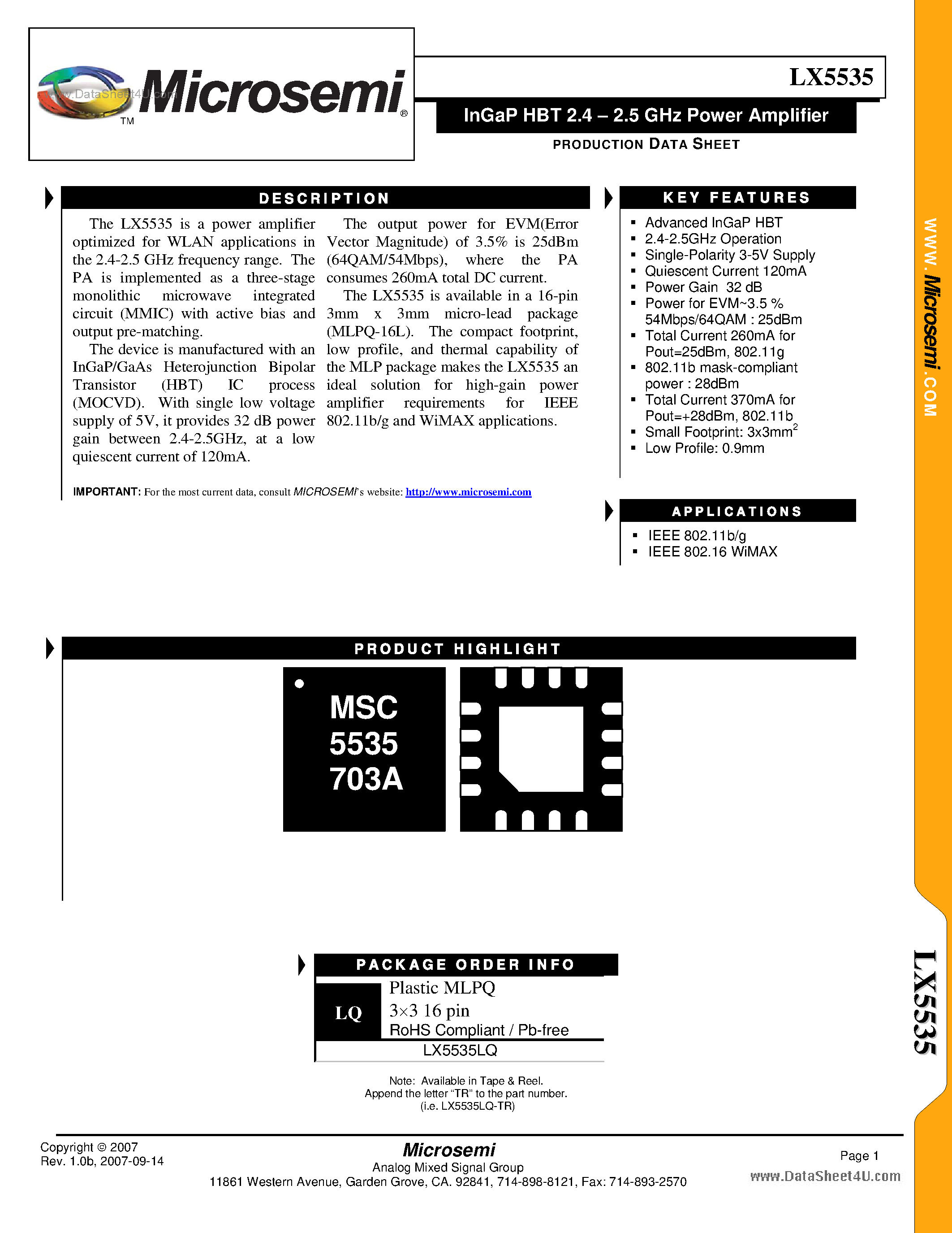 Datasheet LX5535 - InGaP HBT 2.4 - 2.5 GHz Power Amplifier page 1