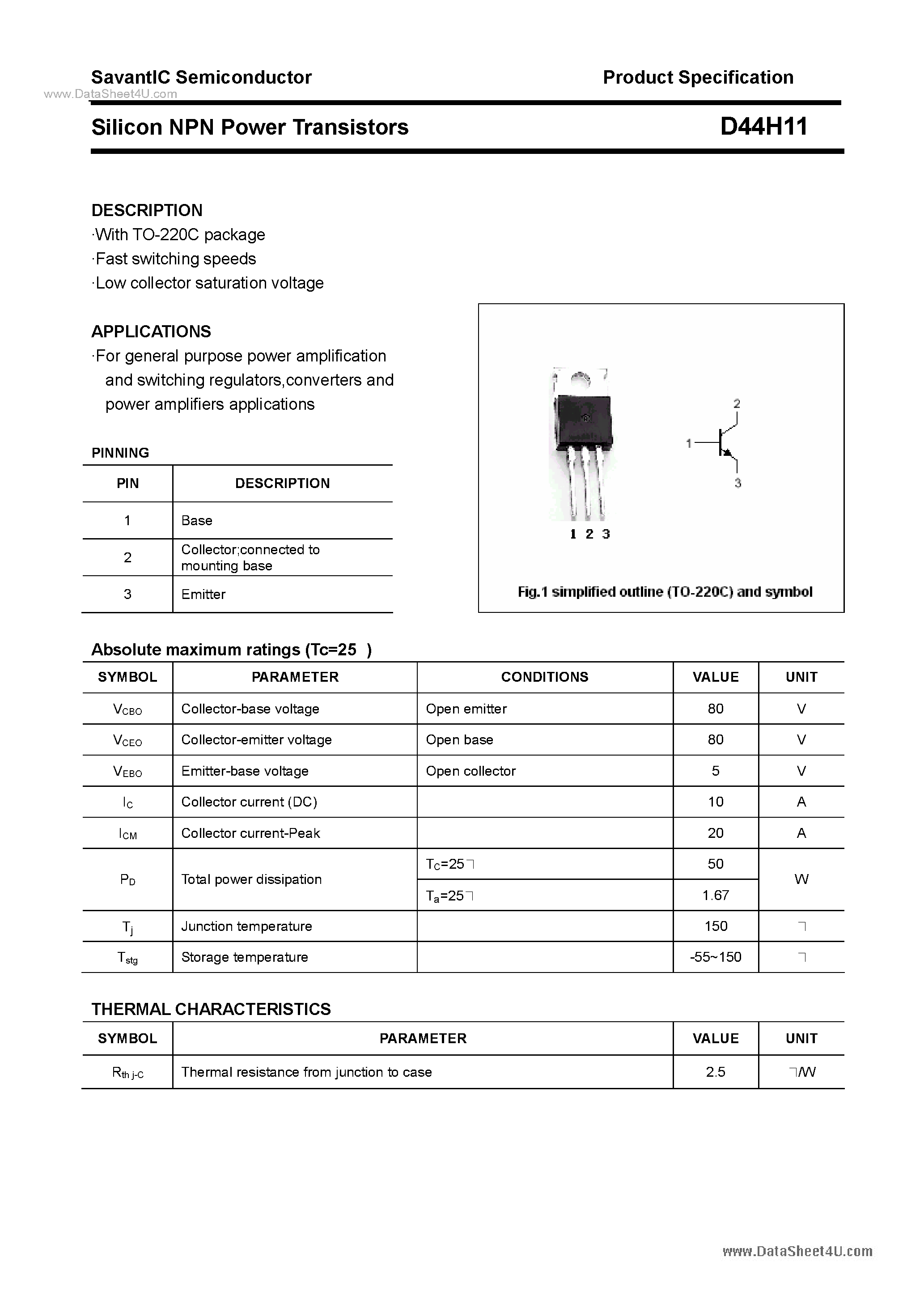 Даташит D44H11 - Silicon NPN Power Transistors страница 1