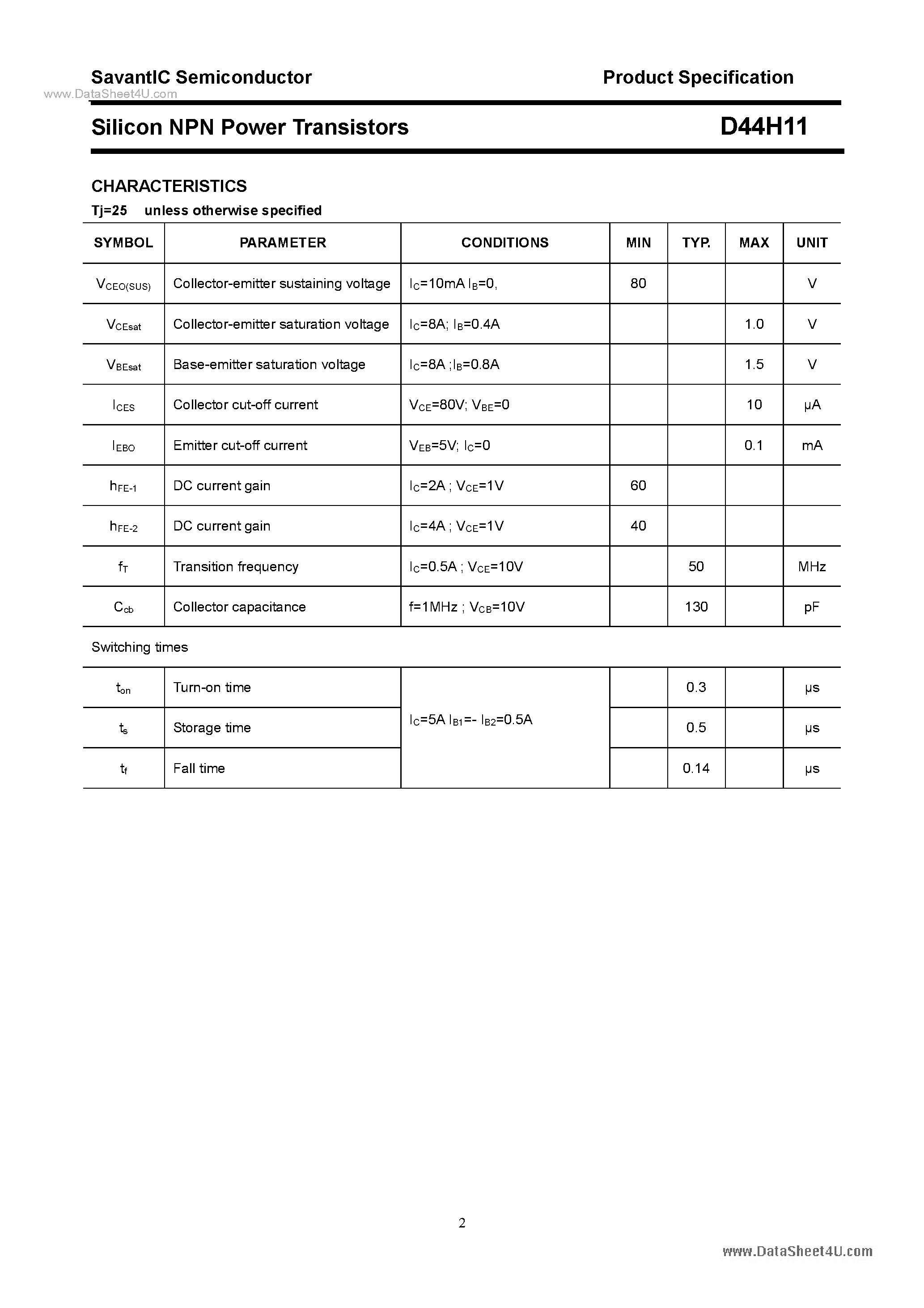 Даташит D44H11 - Silicon NPN Power Transistors страница 2