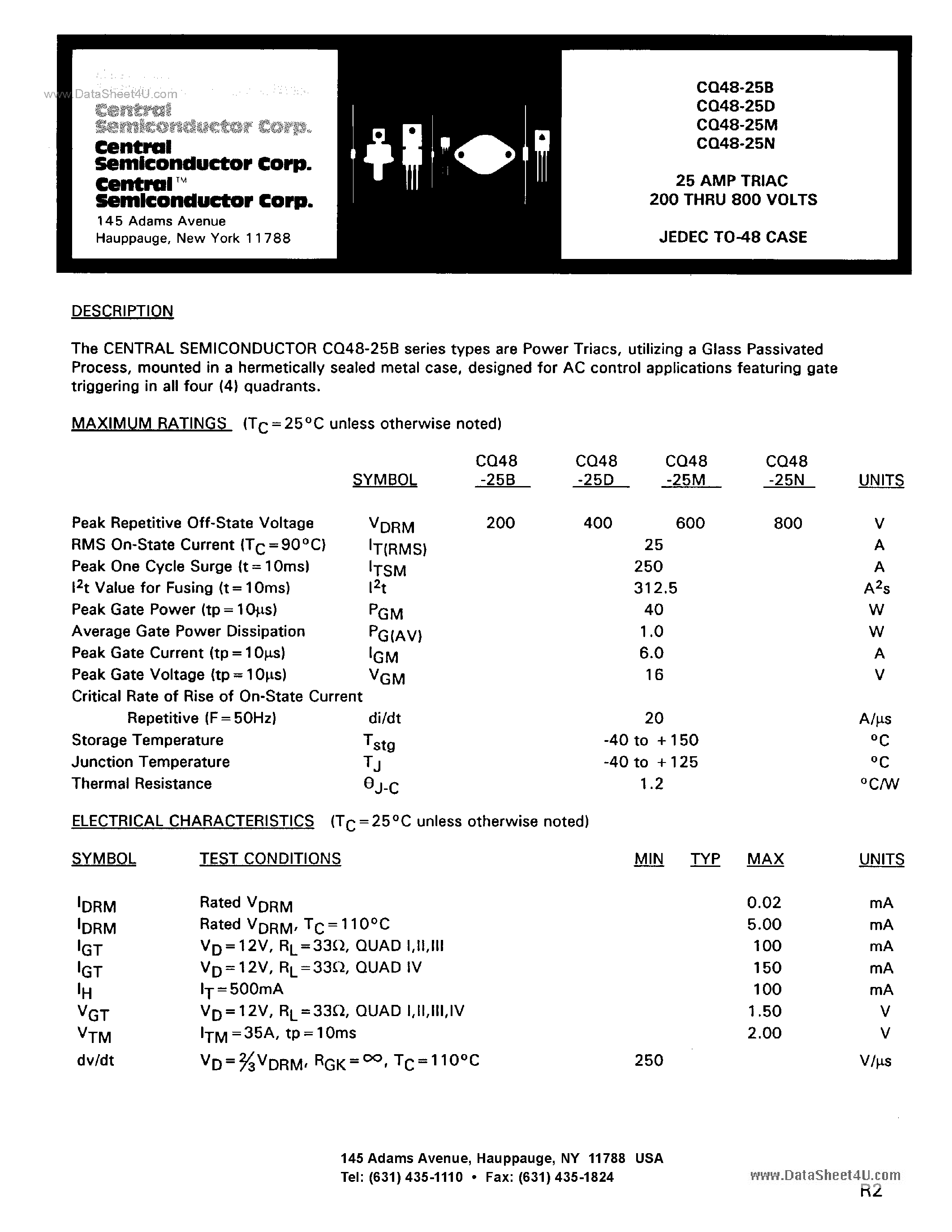 Datasheet CQ48-25x - 25 AMP TRIAC 200 THRU 800 VOLTS page 1