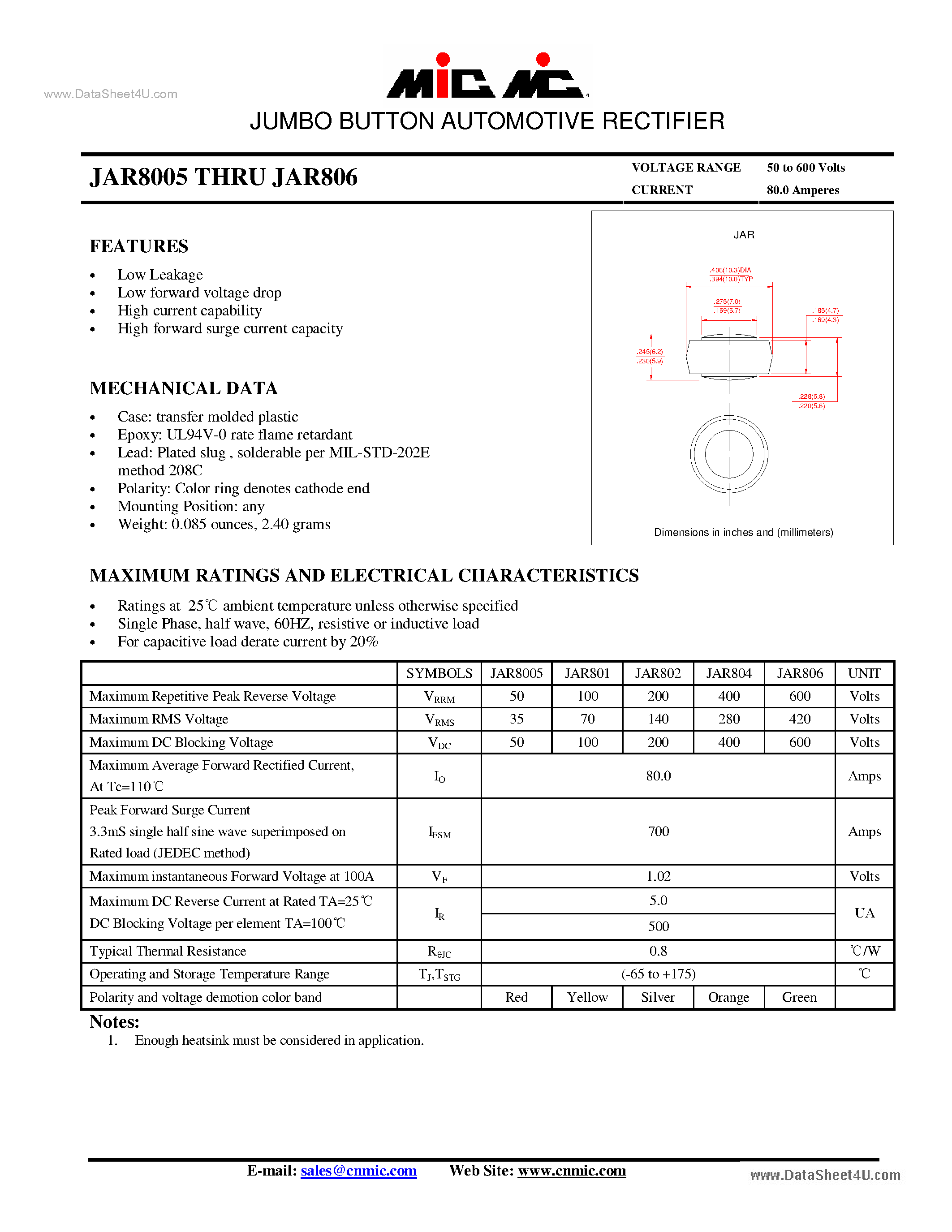 Datasheet JAR8005 - (JAR8005 - JAR806) JUMBO BUTTON AUTOMOTIVE RECTIFIER page 1