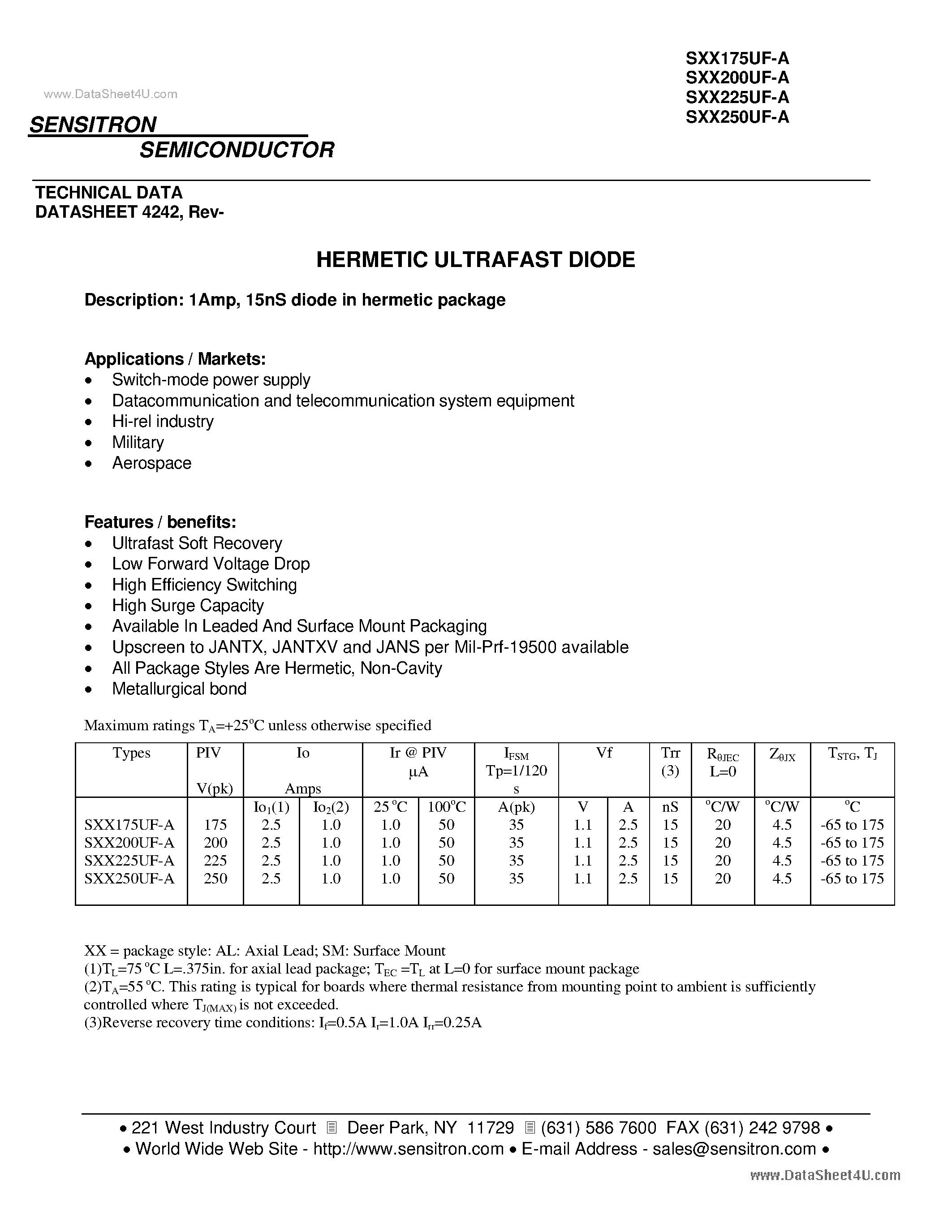 Datasheet SAL175UF-A - HERMETIC ULTRAFAST DIODE page 1