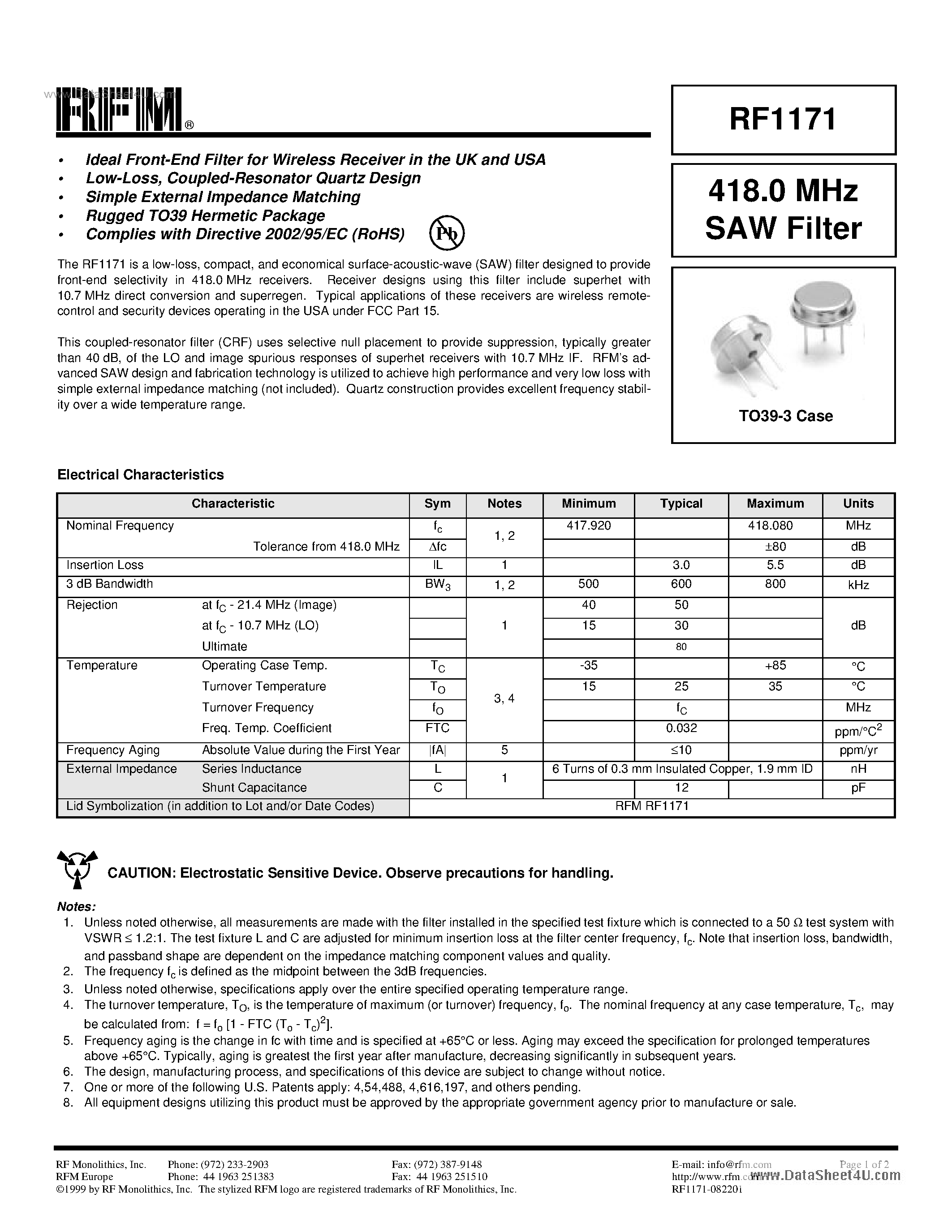 Datasheet RF1171 - 418.0 MHz SAW Filter page 1