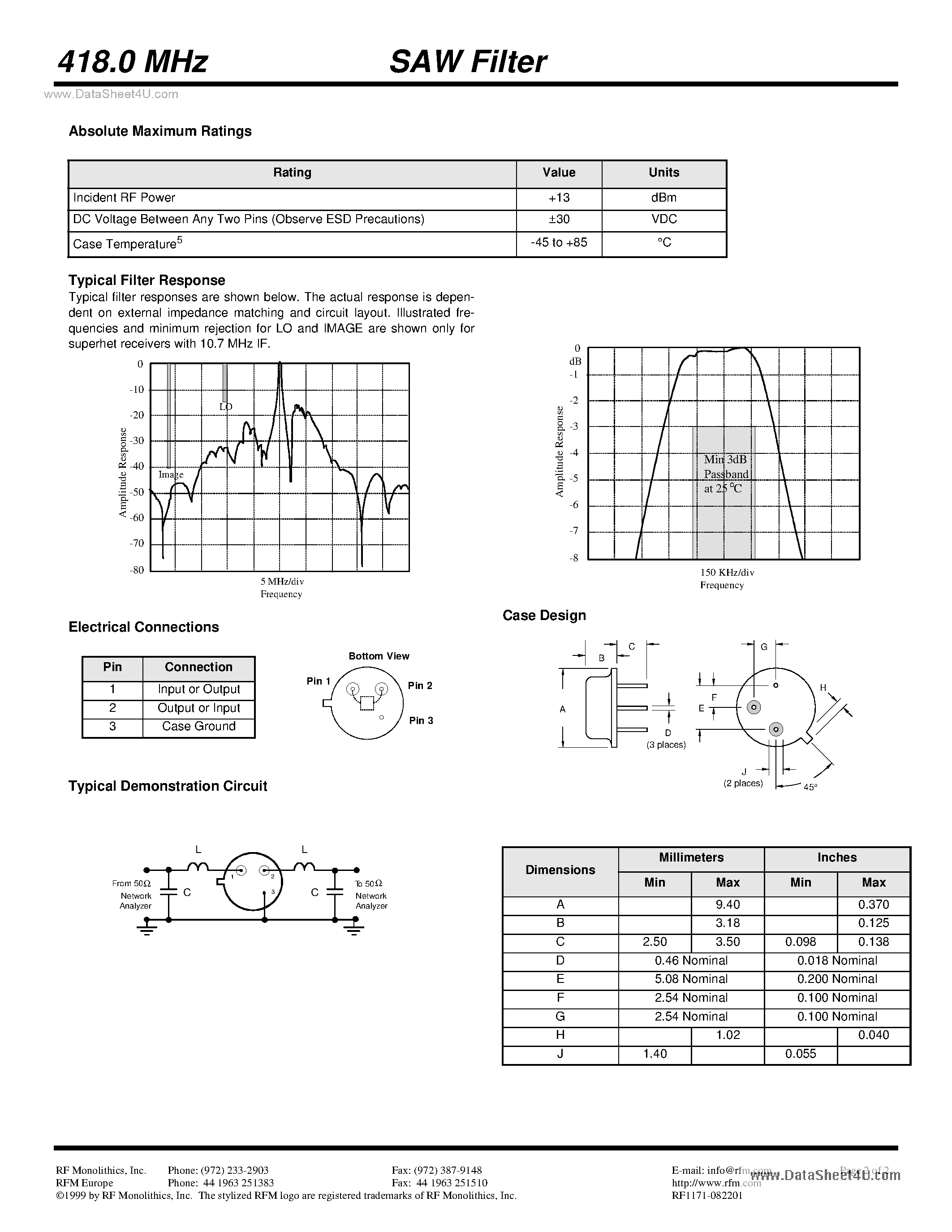 Datasheet RF1171 - 418.0 MHz SAW Filter page 2
