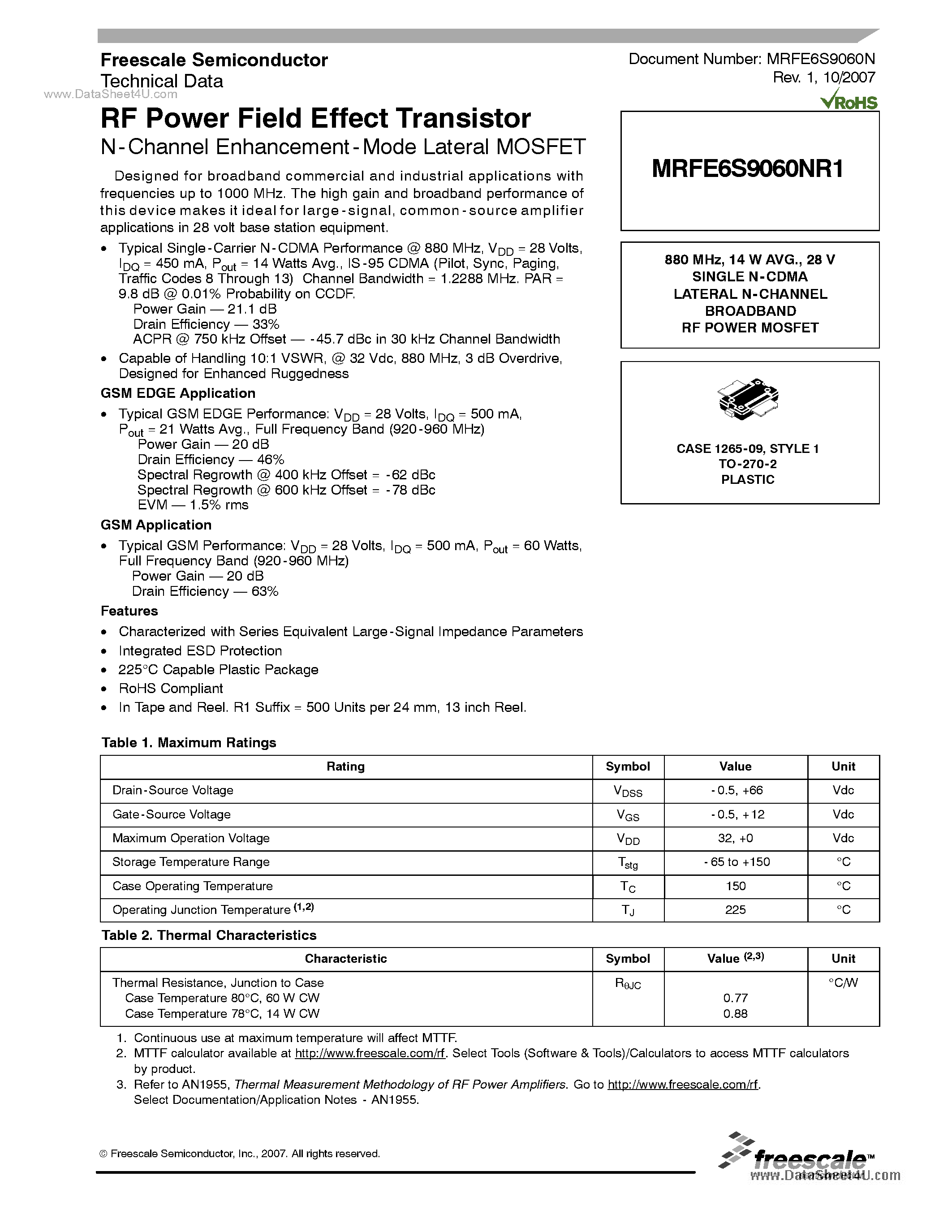 Datasheet MRFE6S9060NR1 - RF Power Field Effect Transistor N-Channel Enhancement-Mode Lateral MOSFET page 1