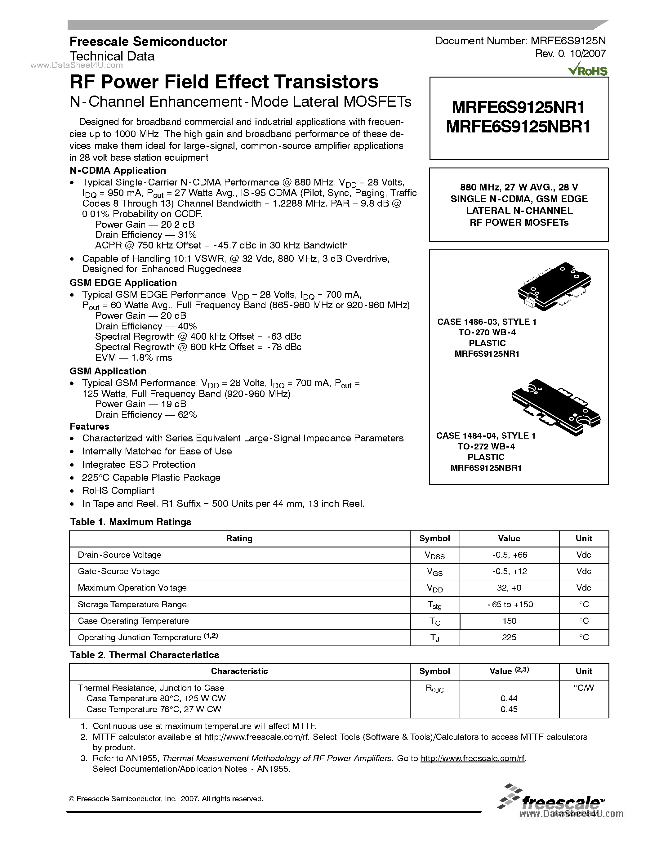 Datasheet MRFE6S9125NBR1 - N-Channel Enhancement-Mode Lateral MOSFETs page 1