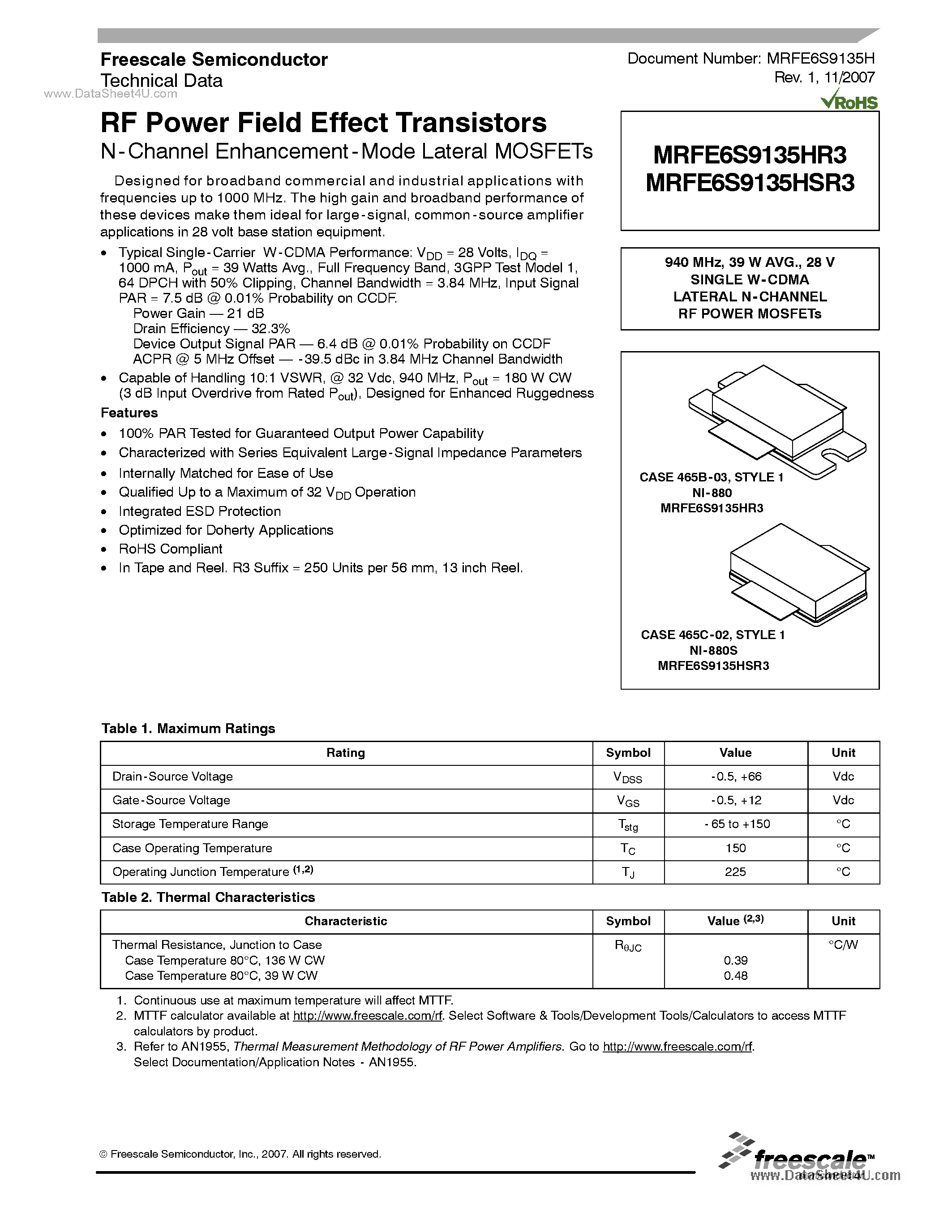 Datasheet MRFE6S9135HR3 - N-Channel Enhancement-Mode Lateral MOSFETs page 1