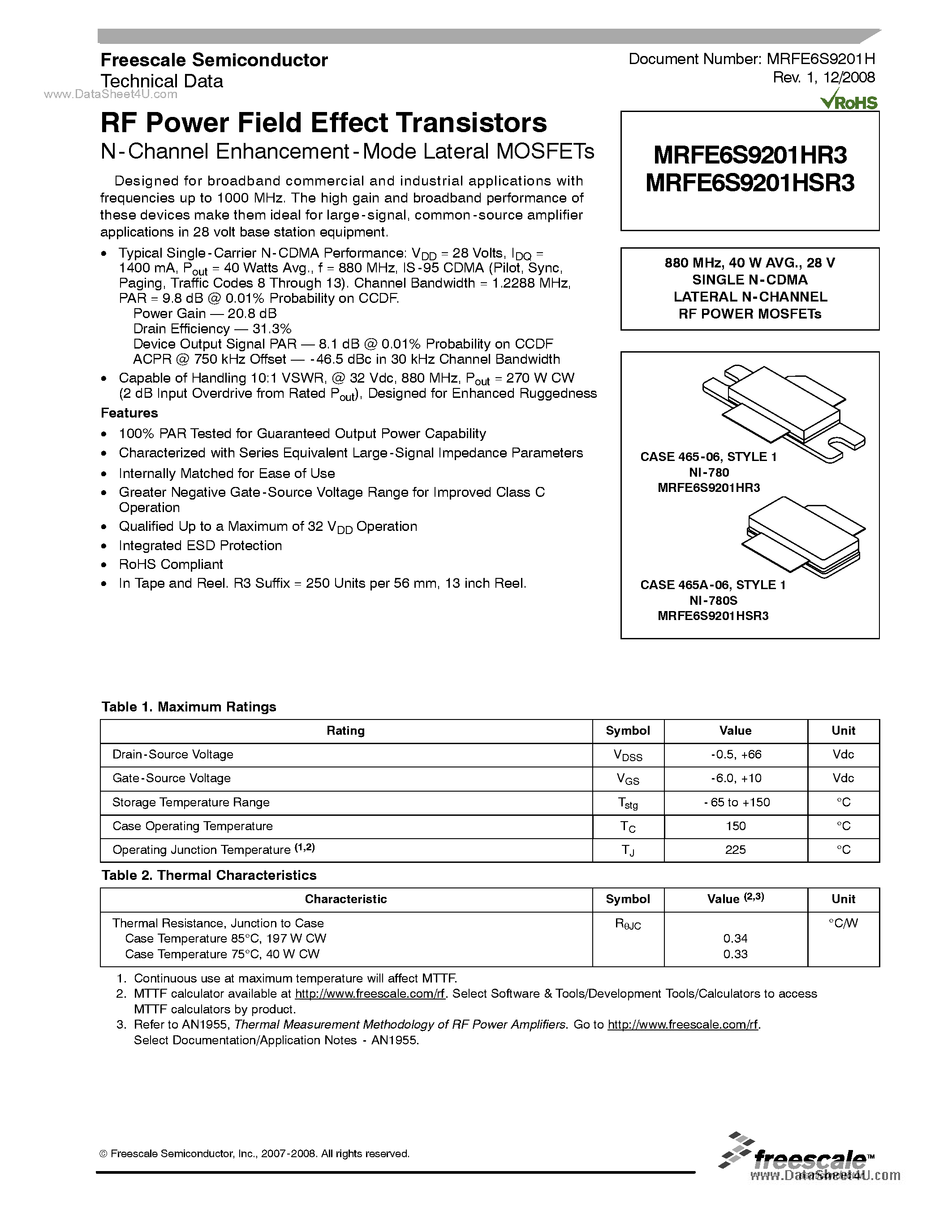 Datasheet MRFE6S9201HR3 - RF Power Field Effect Transistors page 1