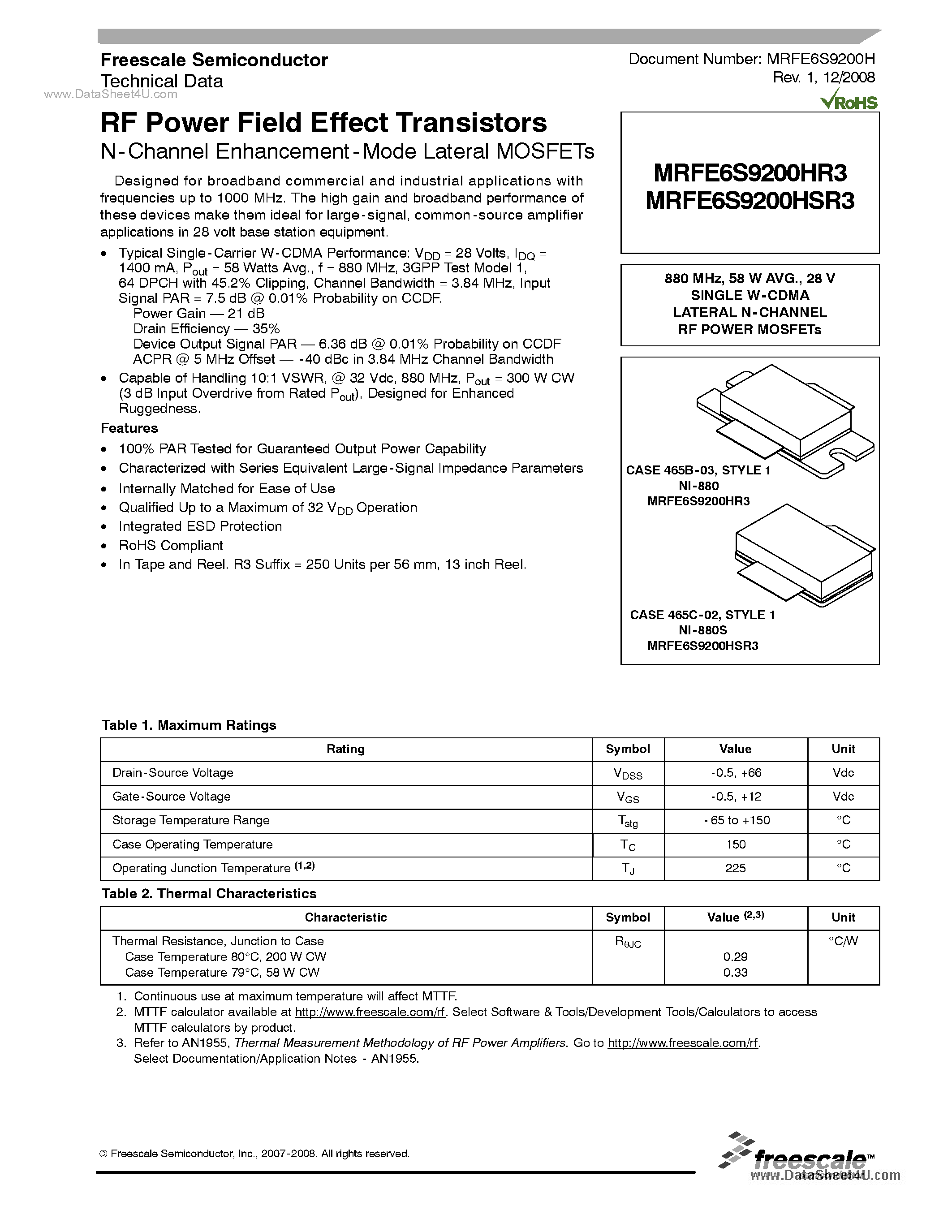 Datasheet MRFE6S9200HR3 - RF Power Field Effect Transistors page 1