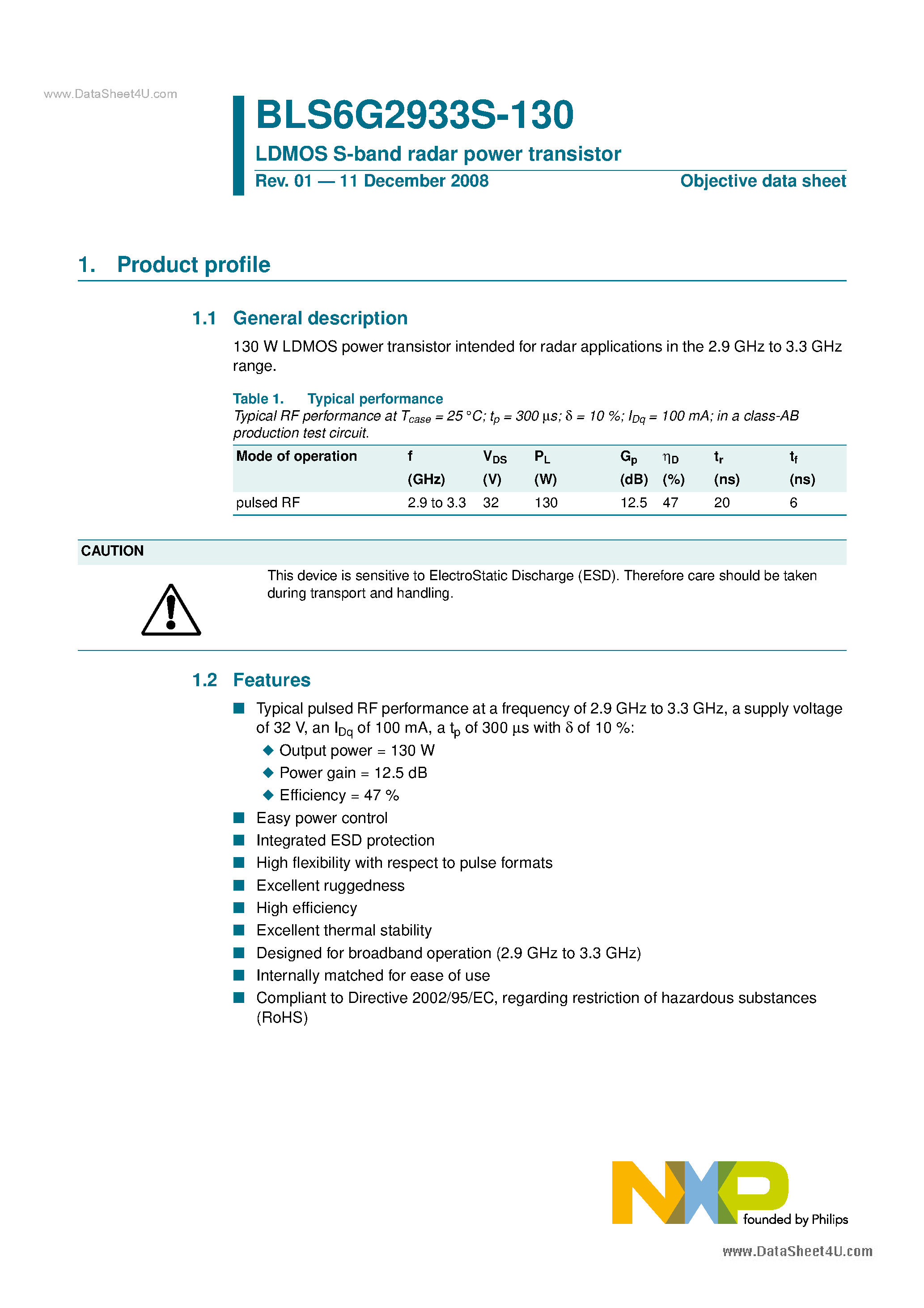Datasheet BLS6G2933S-130 page 1 Datasheet BLS6G2933S-130 - LDMOS S-band radar power transistor page 1
