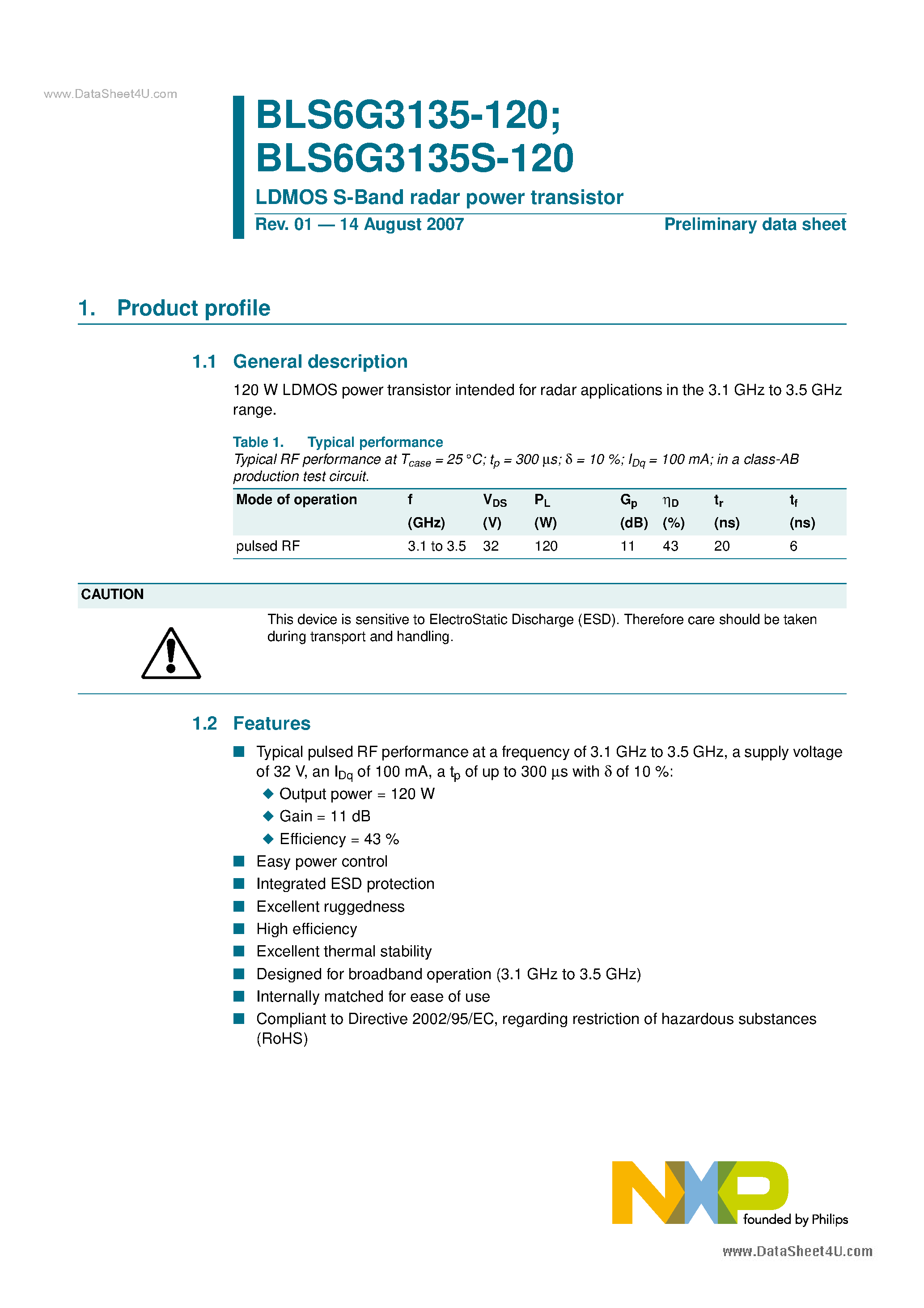 Datasheet BLS6G3135-120 - LDMOS S-Band radar power transistor page 1