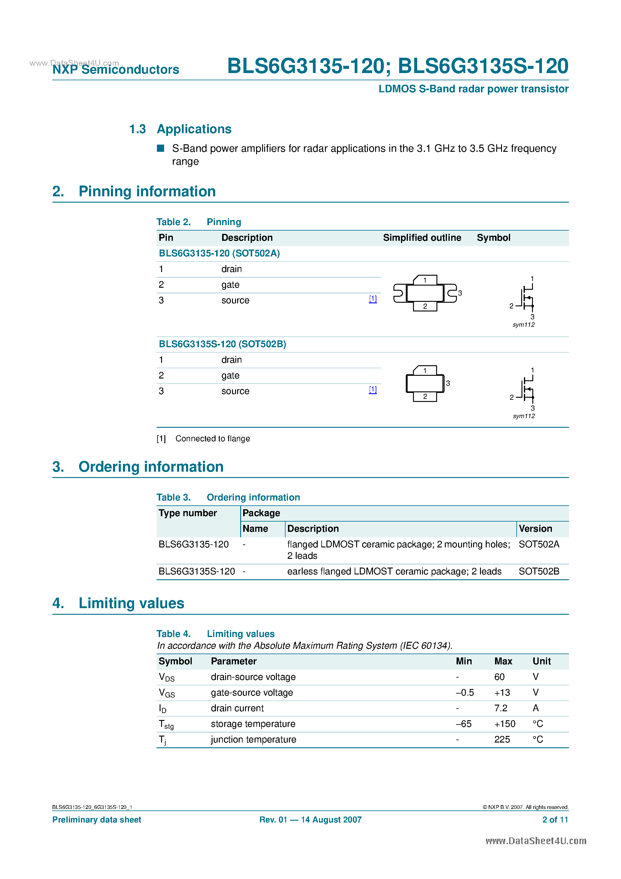 Datasheet BLS6G3135-120 - LDMOS S-Band radar power transistor page 2