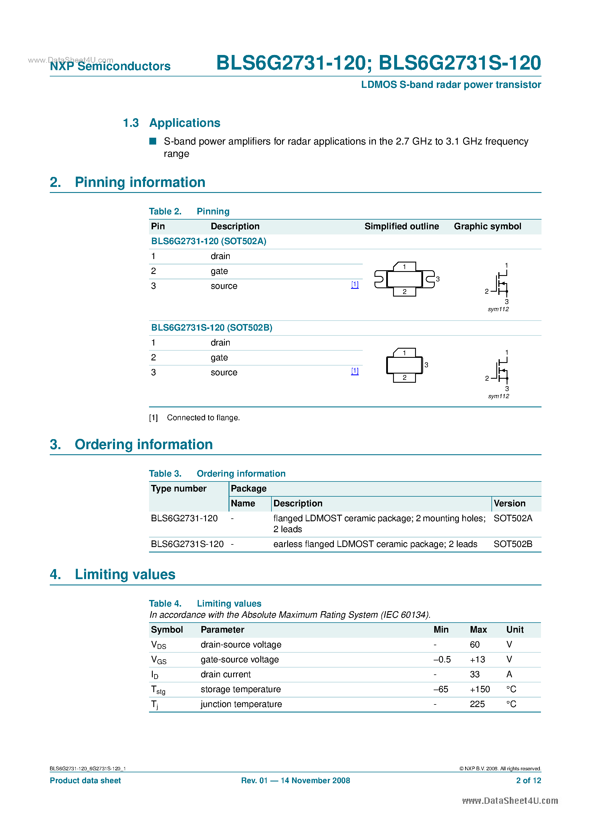 Datasheet BLS6G2731-120 - LDMOS S-band Radar Power Transistor page 2