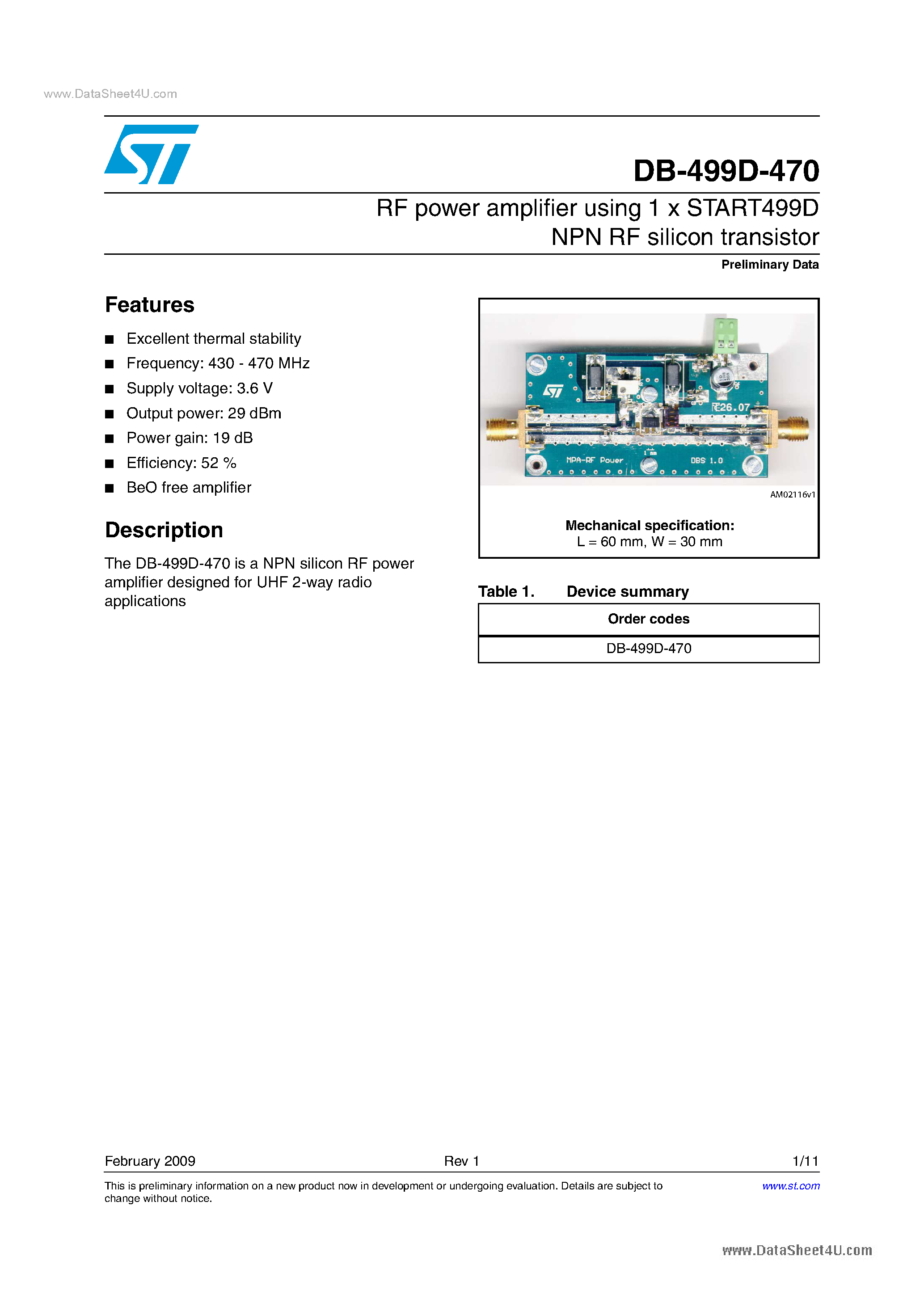Datasheet DB-499D-470 page 1 Datasheet DB-499D-470 - RF power amplifier using 1 x START499D NPN RF silicon transistor page 1