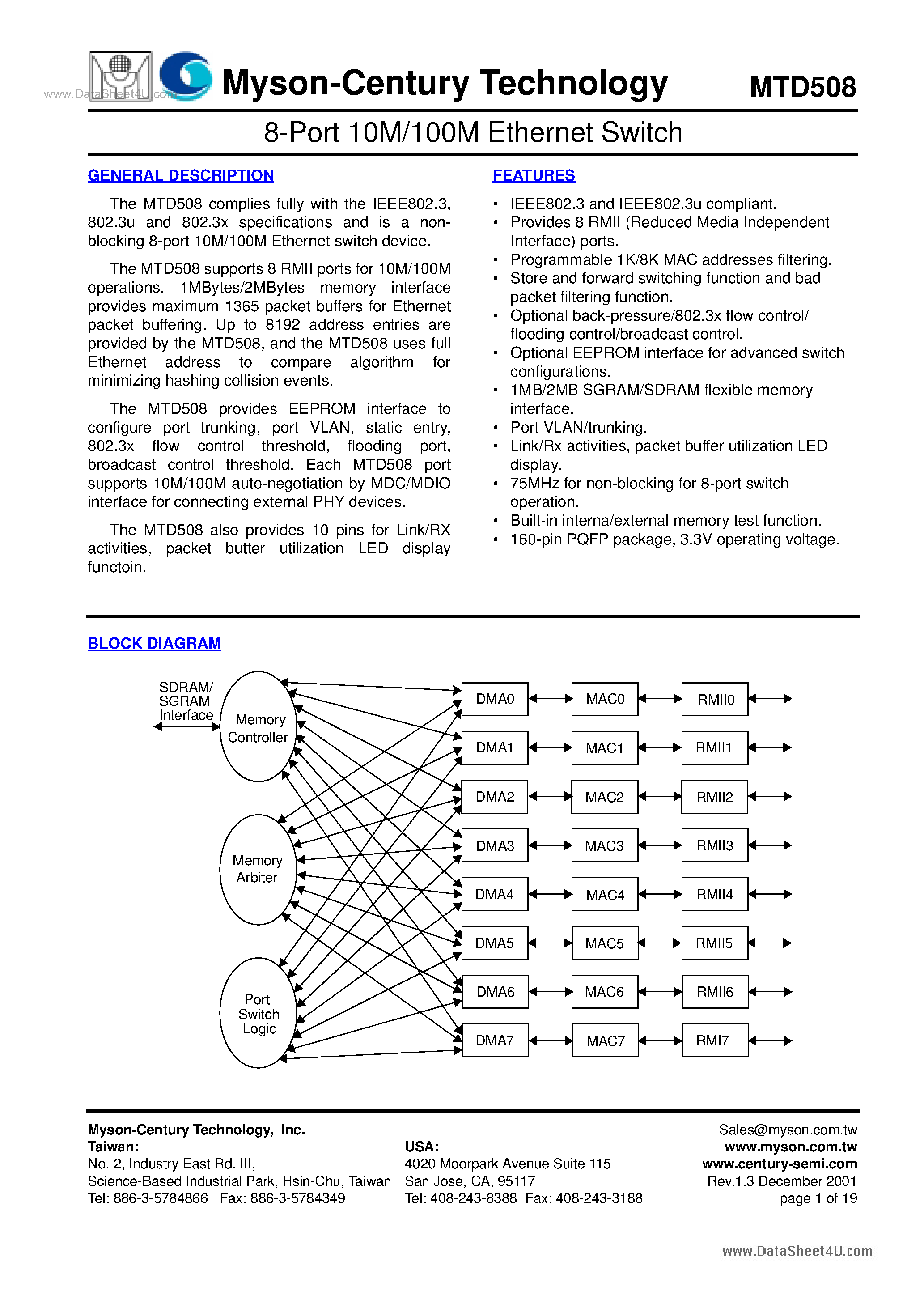Datasheet MTD508 page 1 Datasheet MTD508 - 8-port Switch page 1