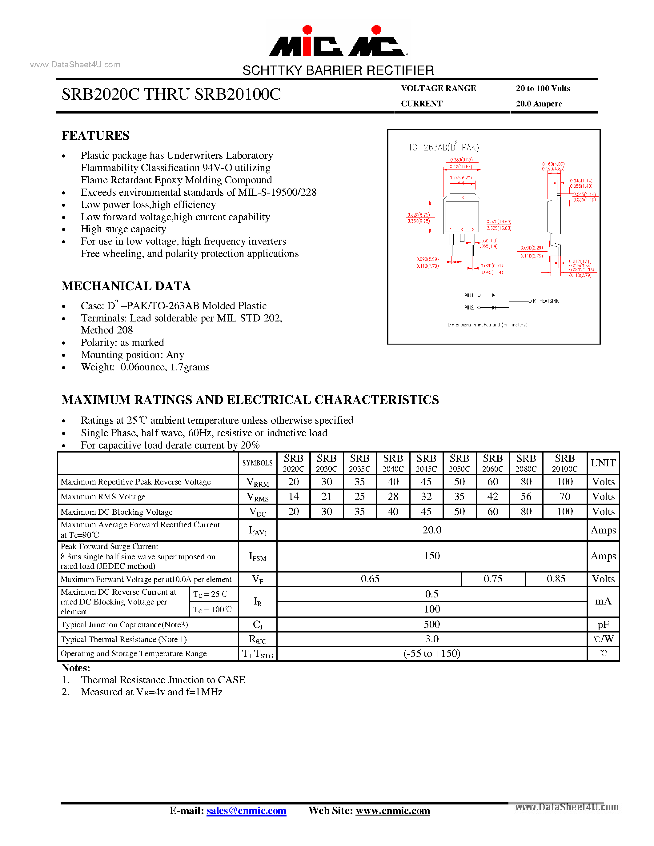 Datasheet SRB20100C - (SRB2020C - SRB20100C) SCHTTKY BARRIER RECTIFIER page 1