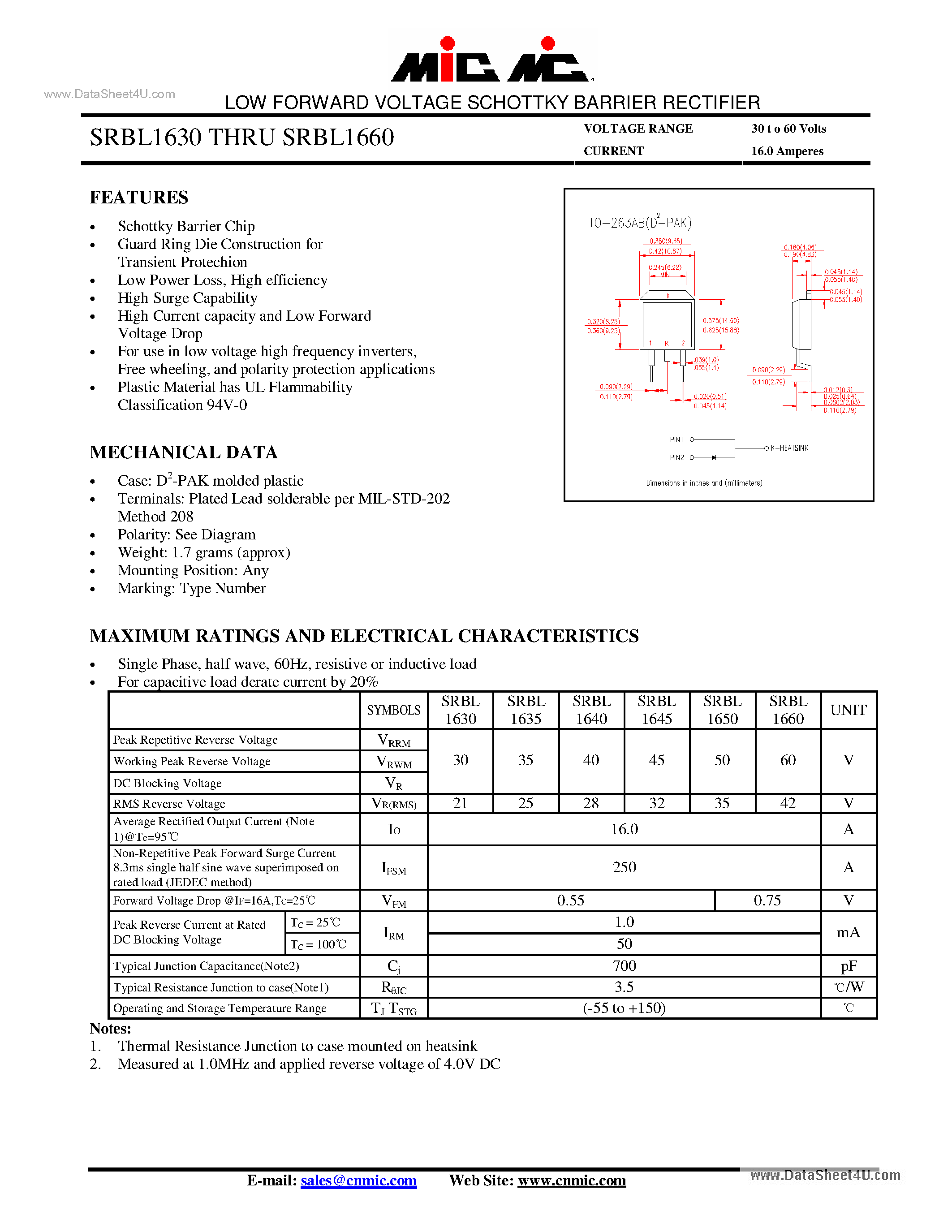 Datasheet SRBL1630 - (SRBL1630 - SRBL1660) LOW FORWARD VOLTAGE SCHOTTKY BARRIER RECTIFIER page 1