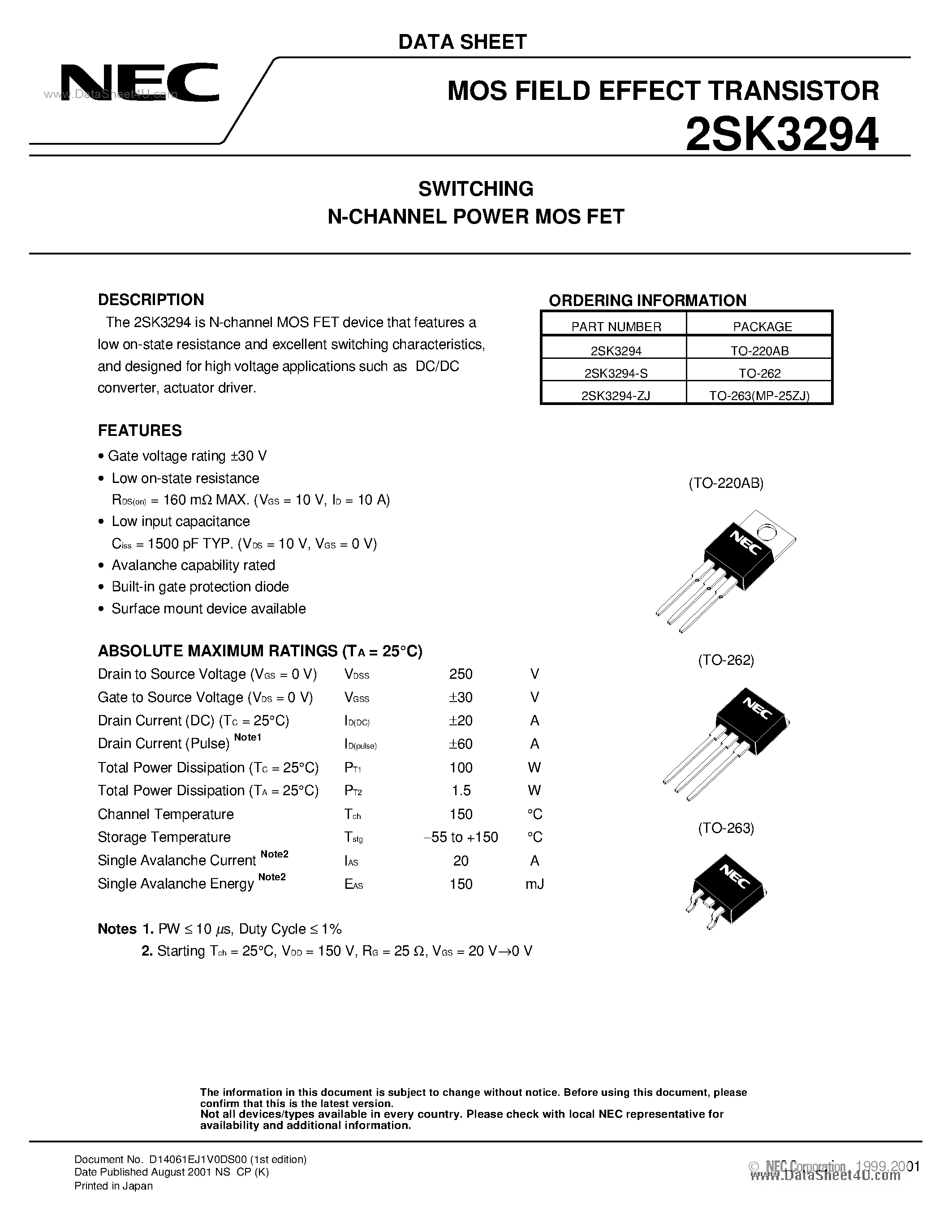 Datasheet 2SK3294 - SWITCHING N-CHANNEL POWER MOSFET page 1