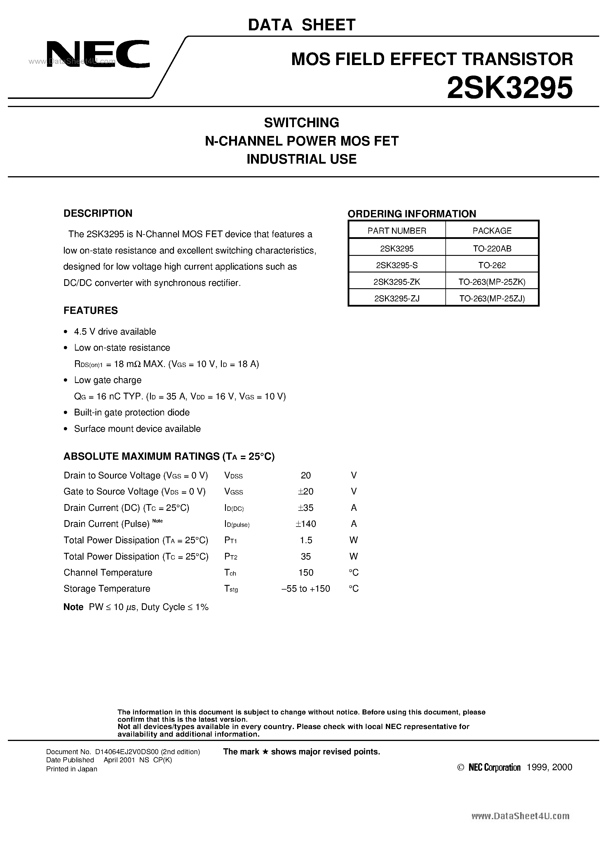 Datasheet 2SK3295 - SWITCHING N-CHANNEL POWER MOSFET INDUSTRIAL USE page 1