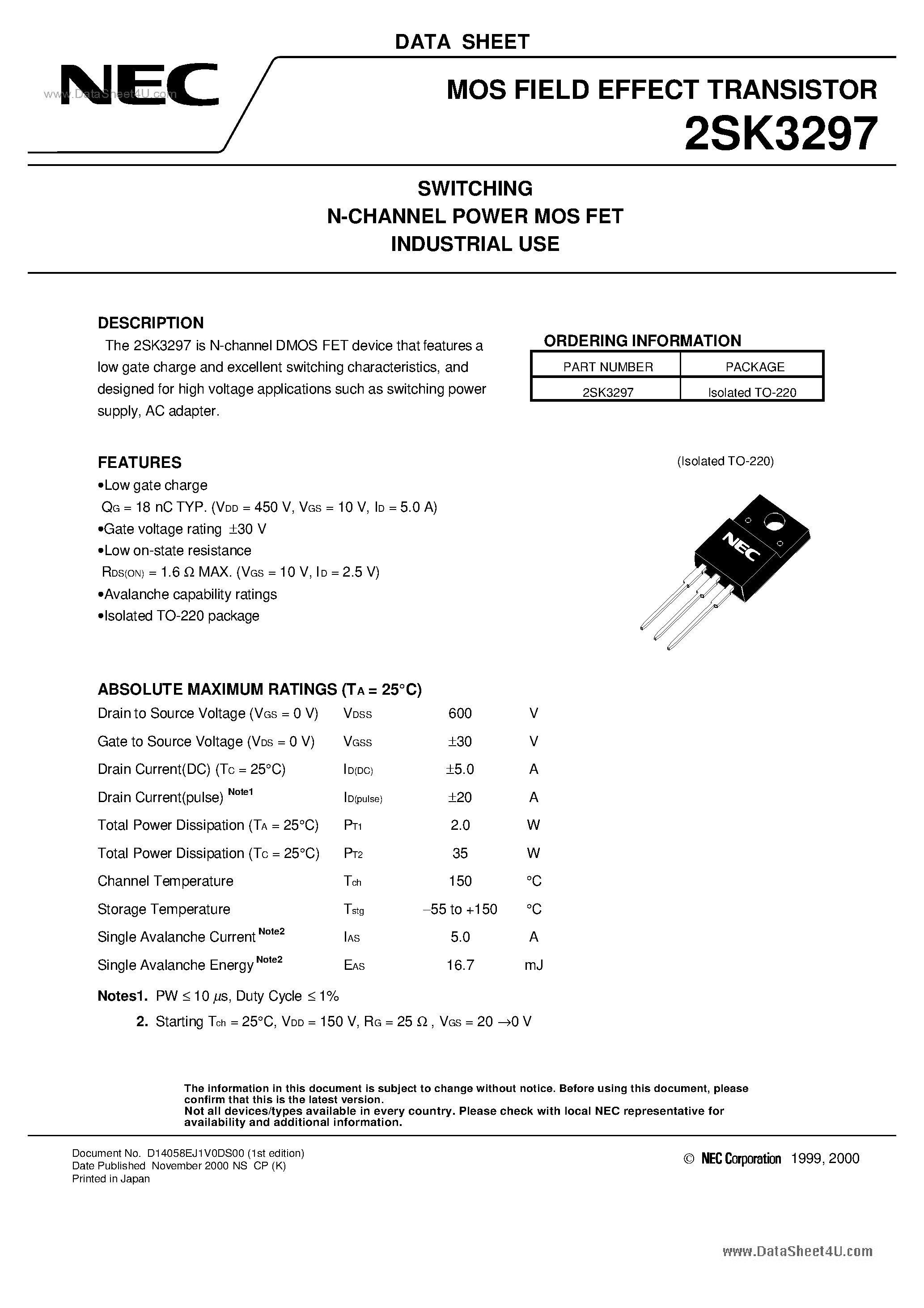Даташит 2SK3297 - MOS FIELD EFFECT TRANSISTOR страница 1