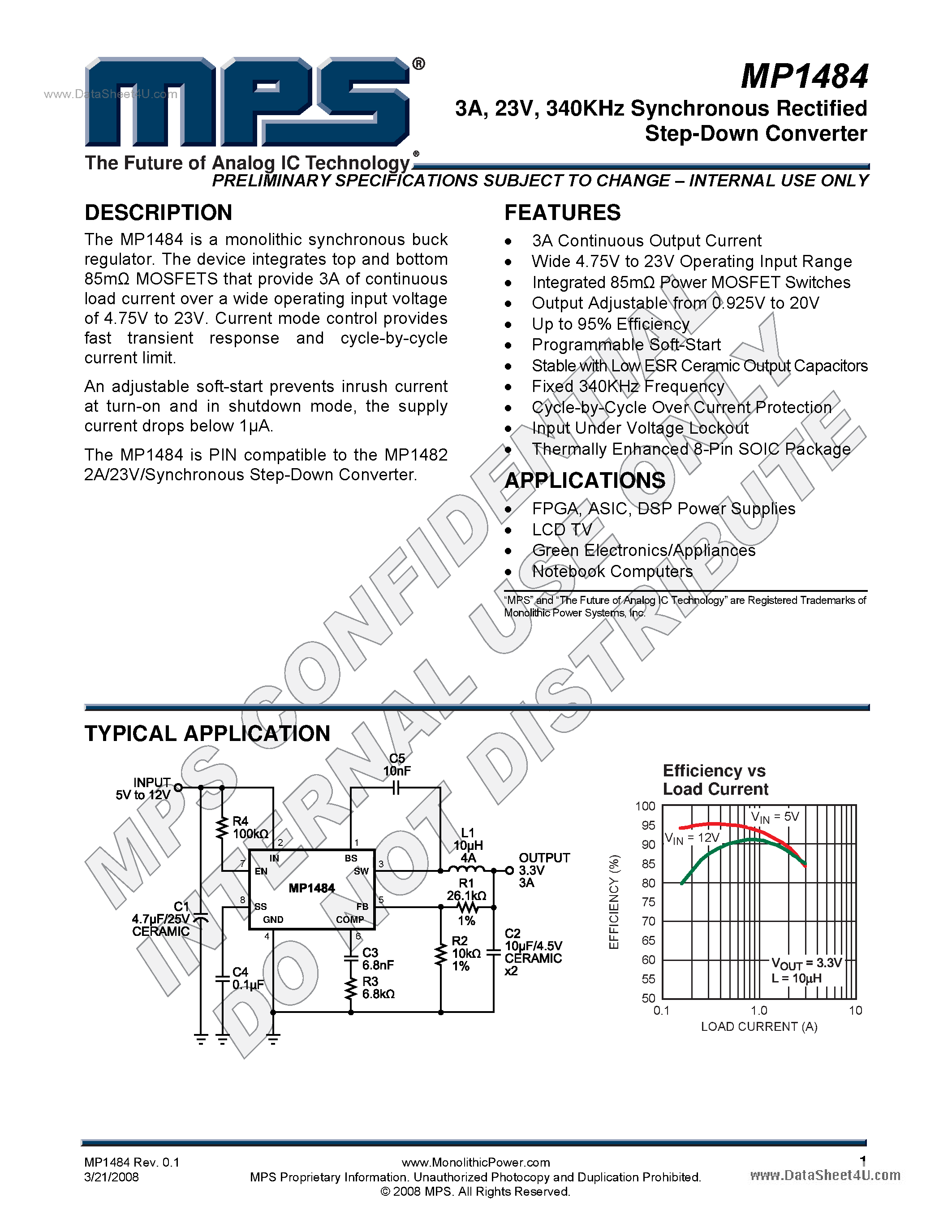 Даташит MP1484 - 340KHz Synchronous Rectified Step-Down Converter страница 1
