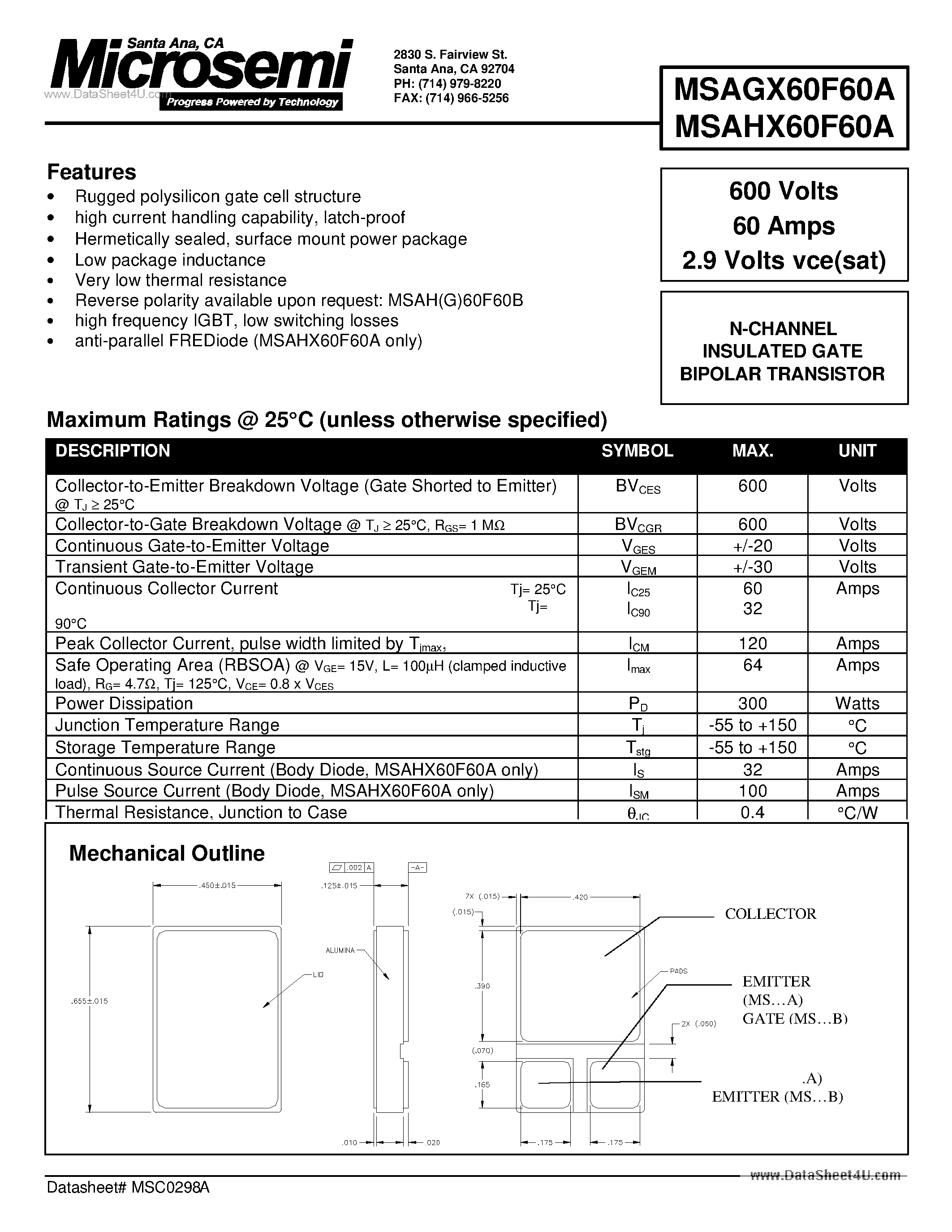Datasheet MSAGX60F60A - N-CHANNEL INSULATED GATE BIPOLAR TRANSISTOR page 1