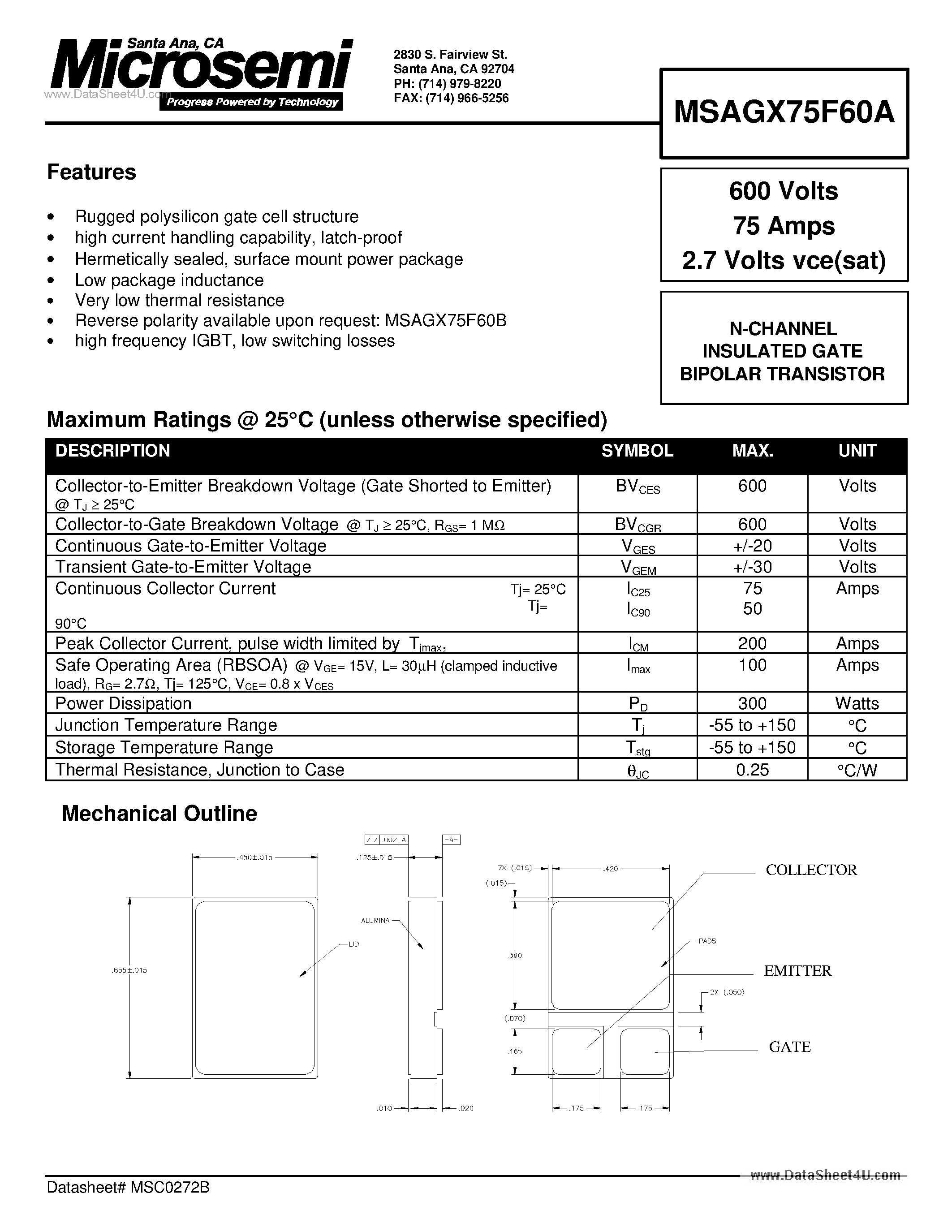 Datasheet MSAGX75F60A - N-CHANNEL INSULATED GATE BIPOLAR TRANSISTOR page 1