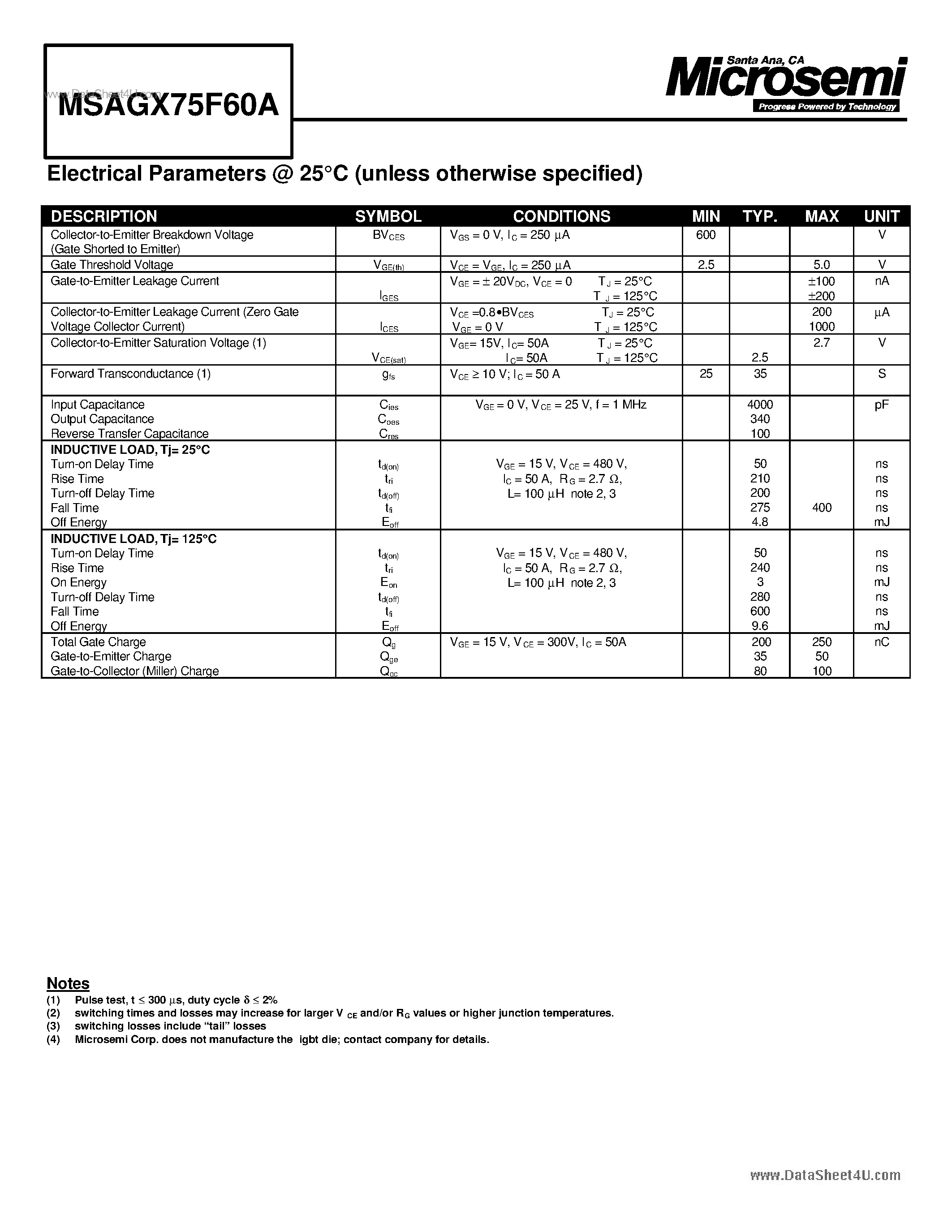 Datasheet MSAGX75F60A - N-CHANNEL INSULATED GATE BIPOLAR TRANSISTOR page 2