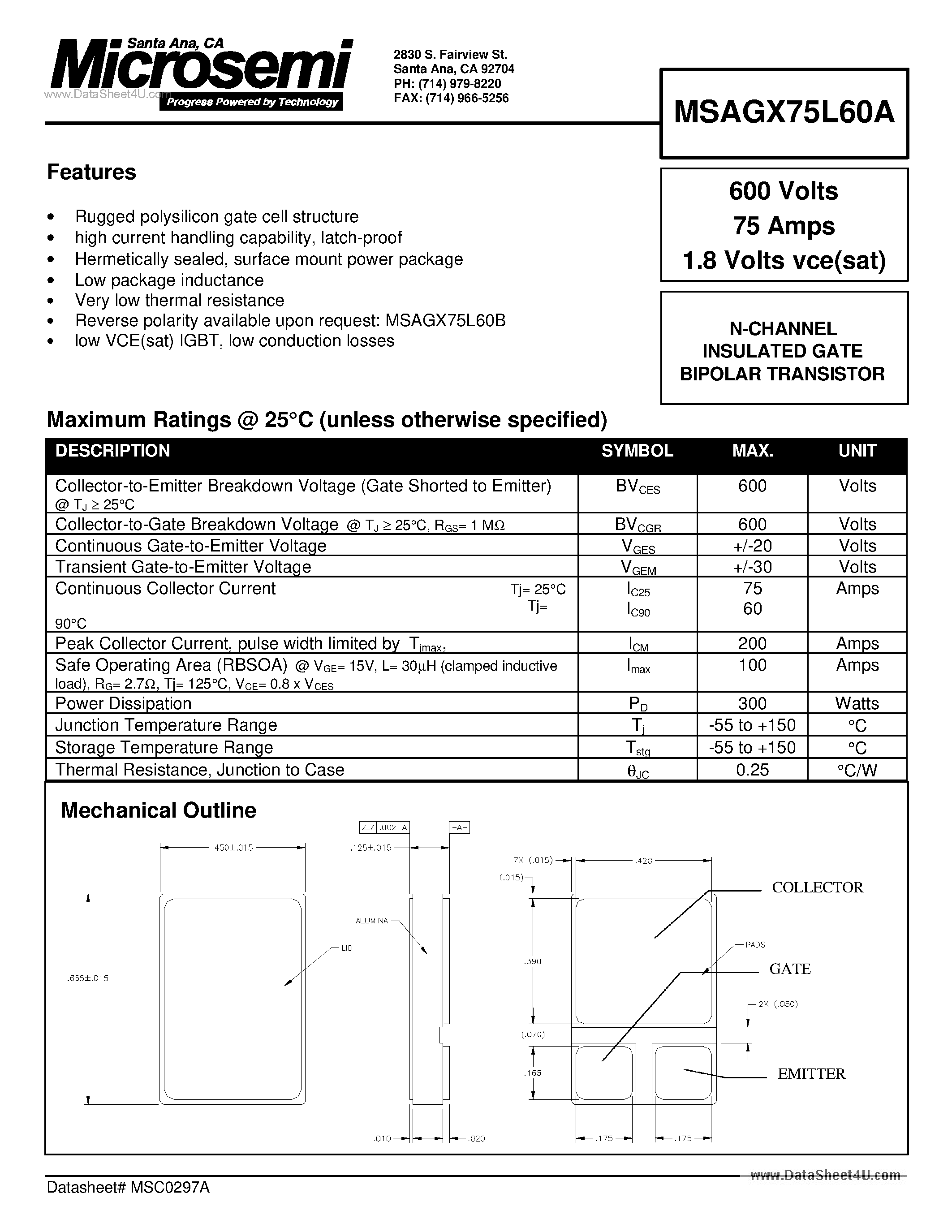Datasheet MSAGX75L60A - N-CHANNEL INSULATED GATE BIPOLAR TRANSISTOR page 1