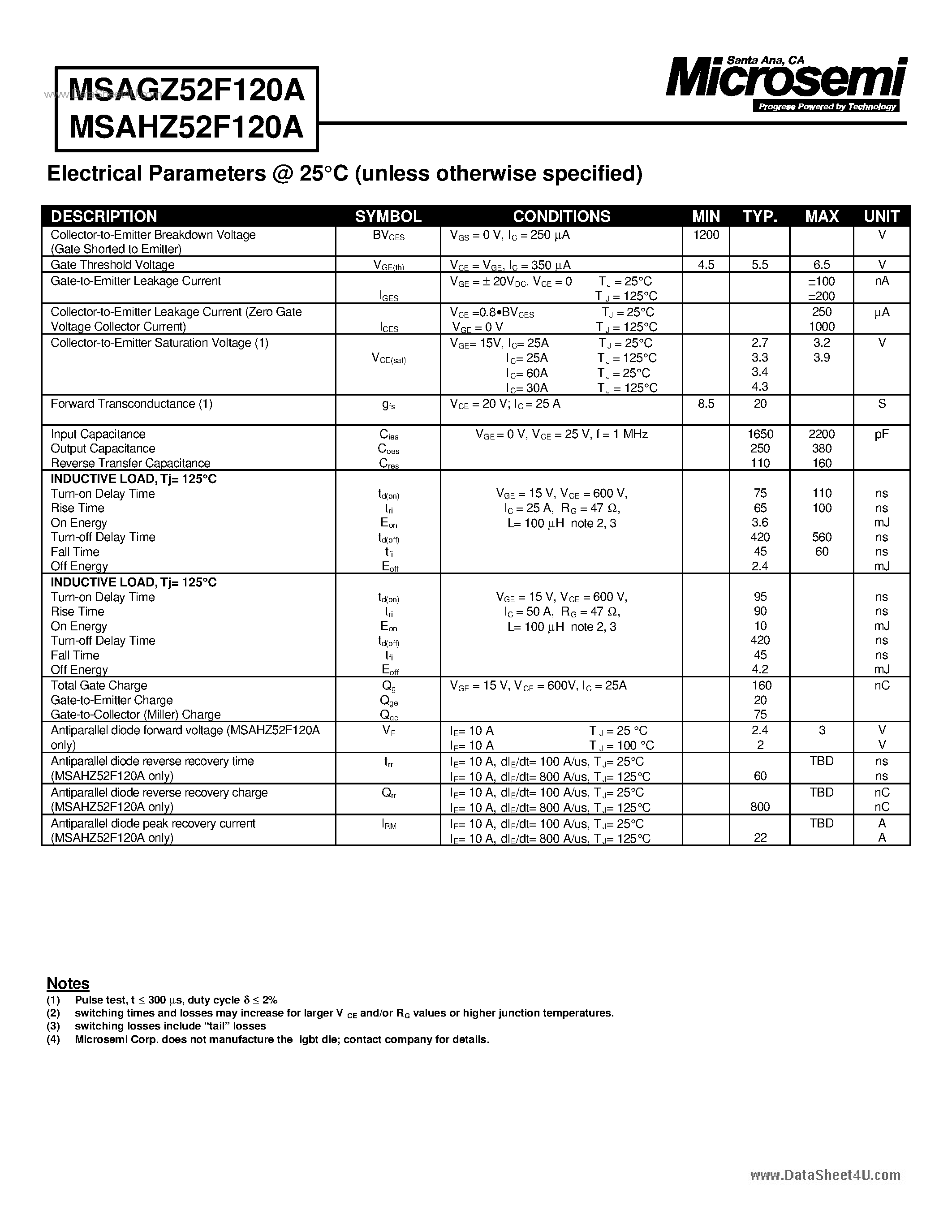 Datasheet MSAGZ52F120A page 2 Datasheet MSAGZ52F120A - N-CHANNEL INSULATED GATE BIPOLAR TRANSISTOR page 2
