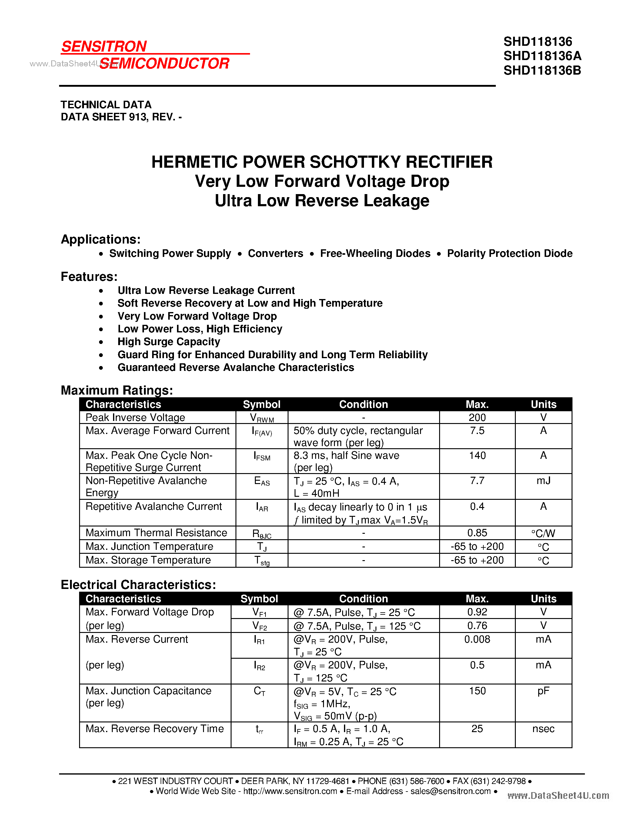 Datasheet SHD118136 page 1 Datasheet SHD118136 - HERMETIC SCHOTTKY RECTIFIER page 1