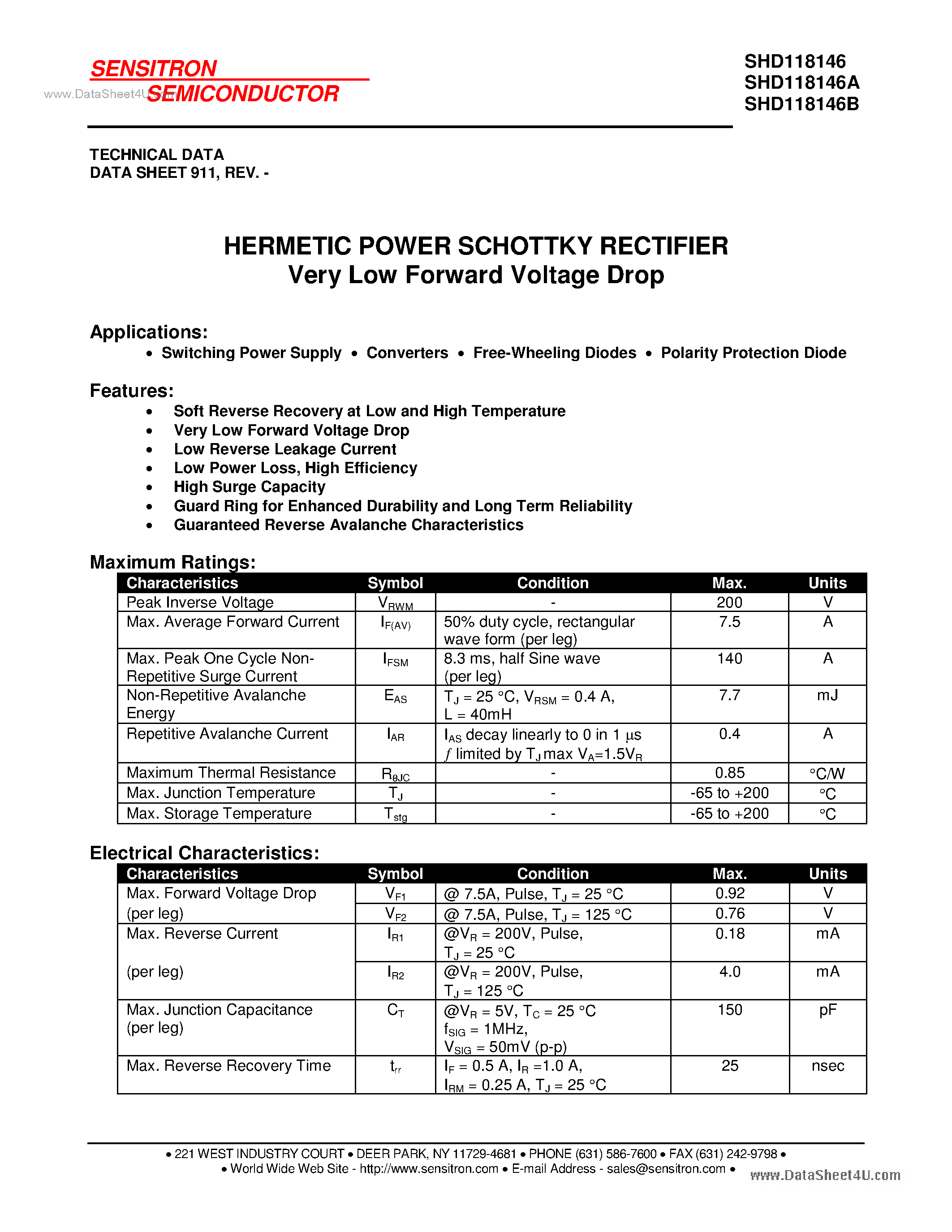 Datasheet SHD118146 page 1 Datasheet SHD118146 - HERMETIC SCHOTTKY RECTIFIER page 1
