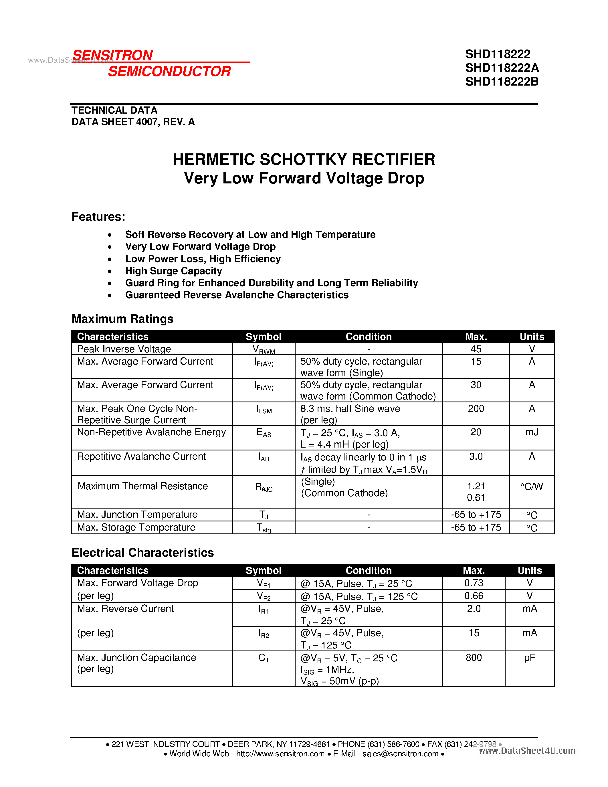 Datasheet SHD118222 page 1 Datasheet SHD118222 - HERMETIC SCHOTTKY RECTIFIER page 1