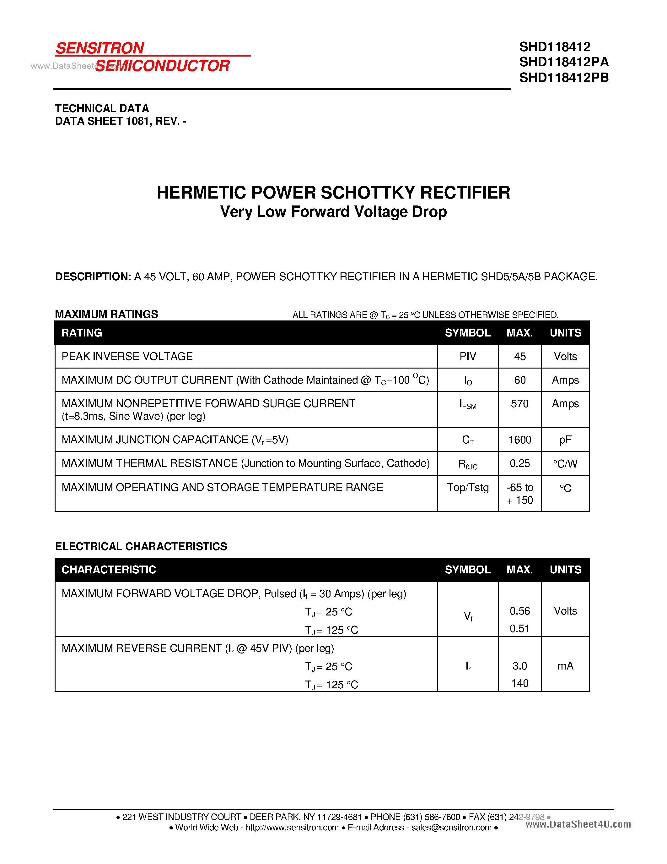 Datasheet SHD118412 page 1 Datasheet SHD118412 - HERMETIC SCHOTTKY RECTIFIER page 1