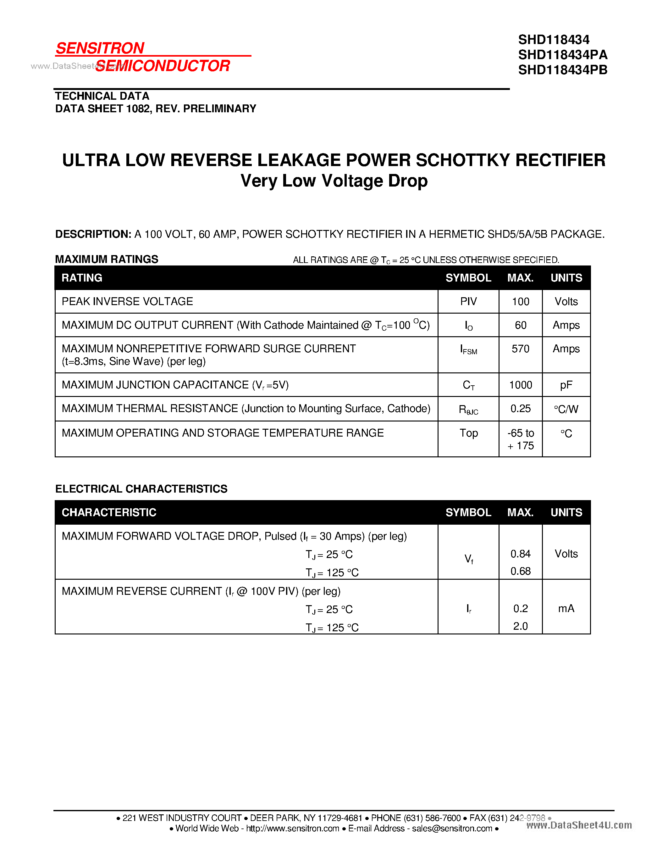 Datasheet SHD118434 page 1 Datasheet SHD118434 - HERMETIC SCHOTTKY RECTIFIER page 1