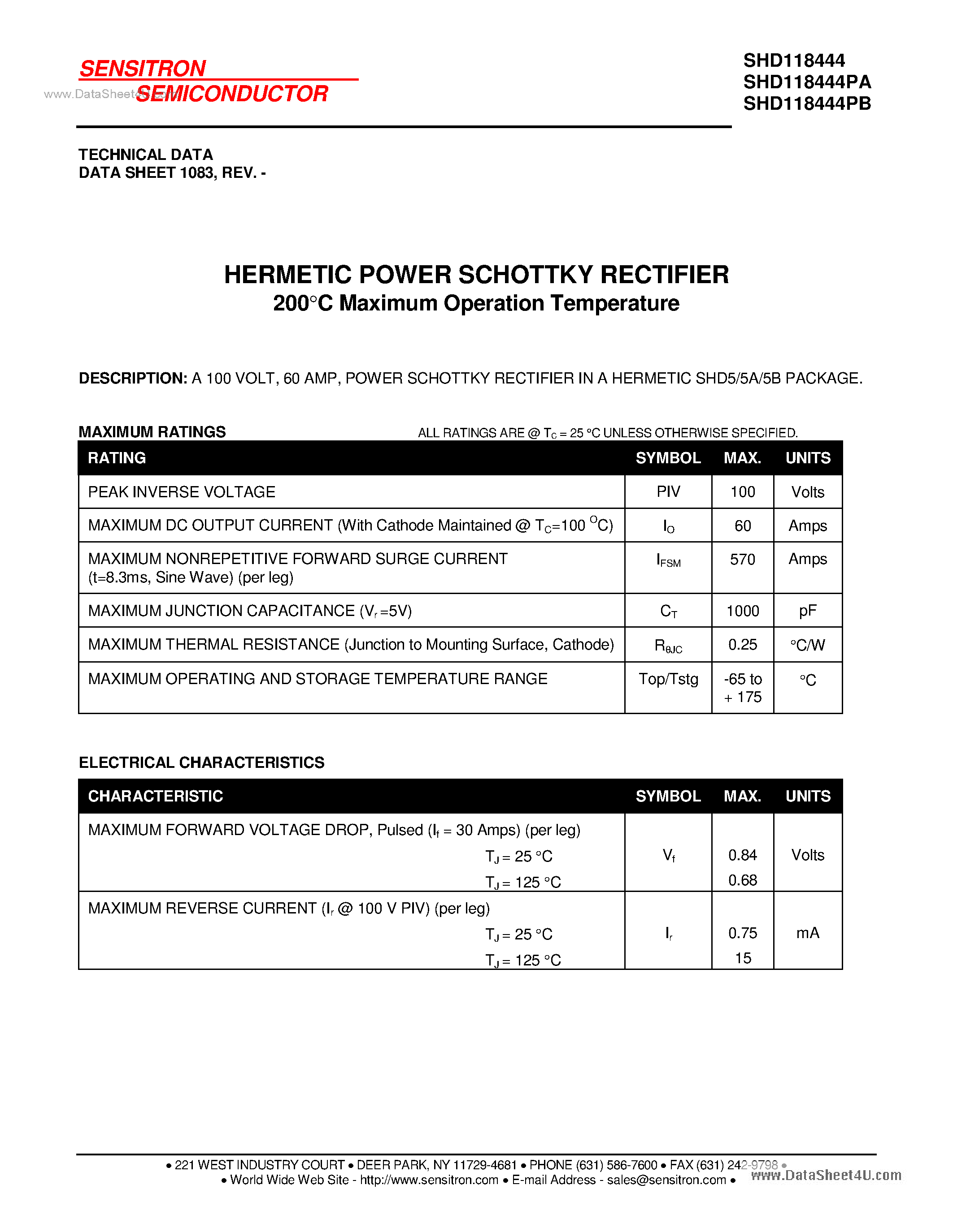 Datasheet SHD118444 page 1 Datasheet SHD118444 - HERMETIC SCHOTTKY RECTIFIER page 1