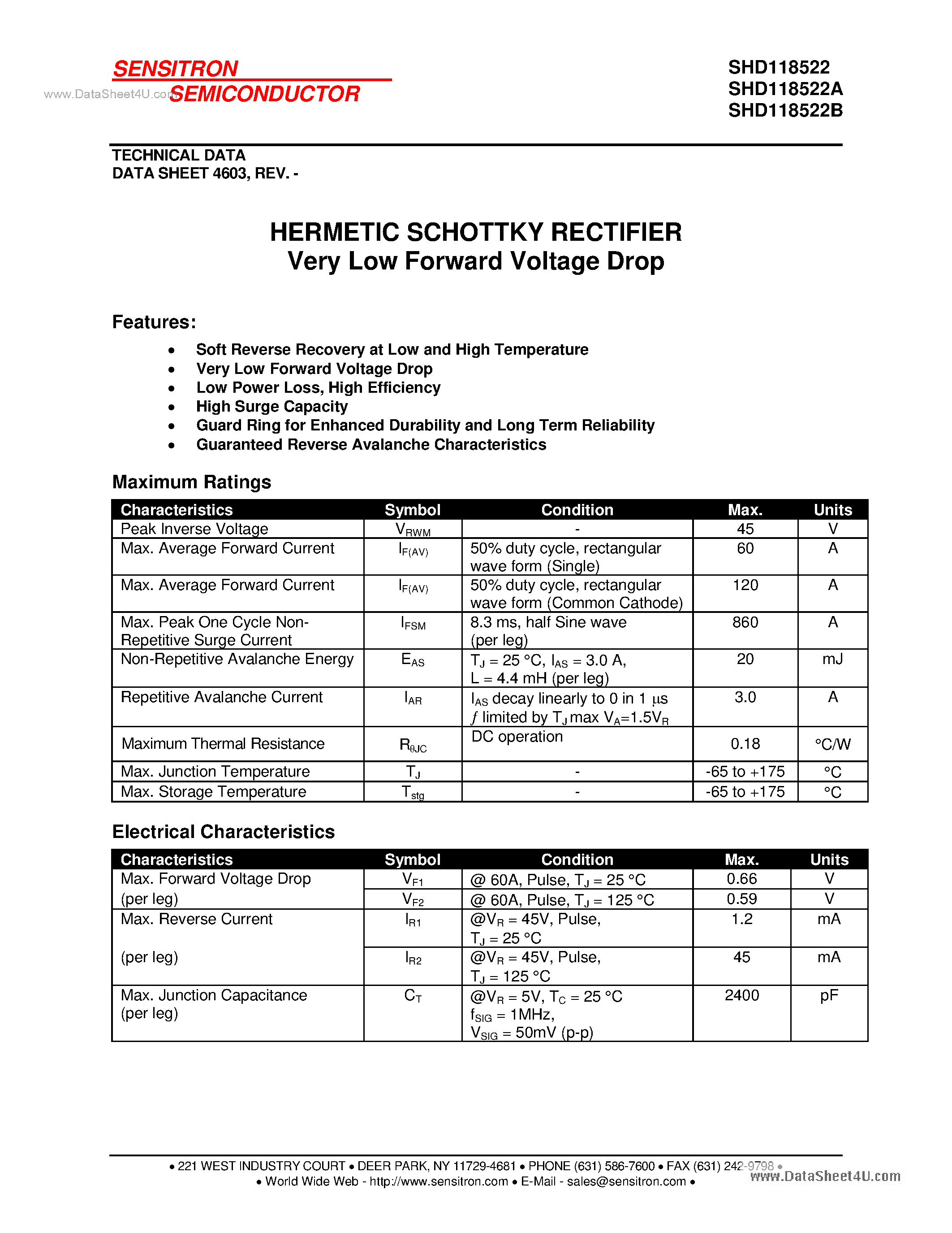 Datasheet SHD118522 - HERMETIC SCHOTTKY RECTIFIER page 1