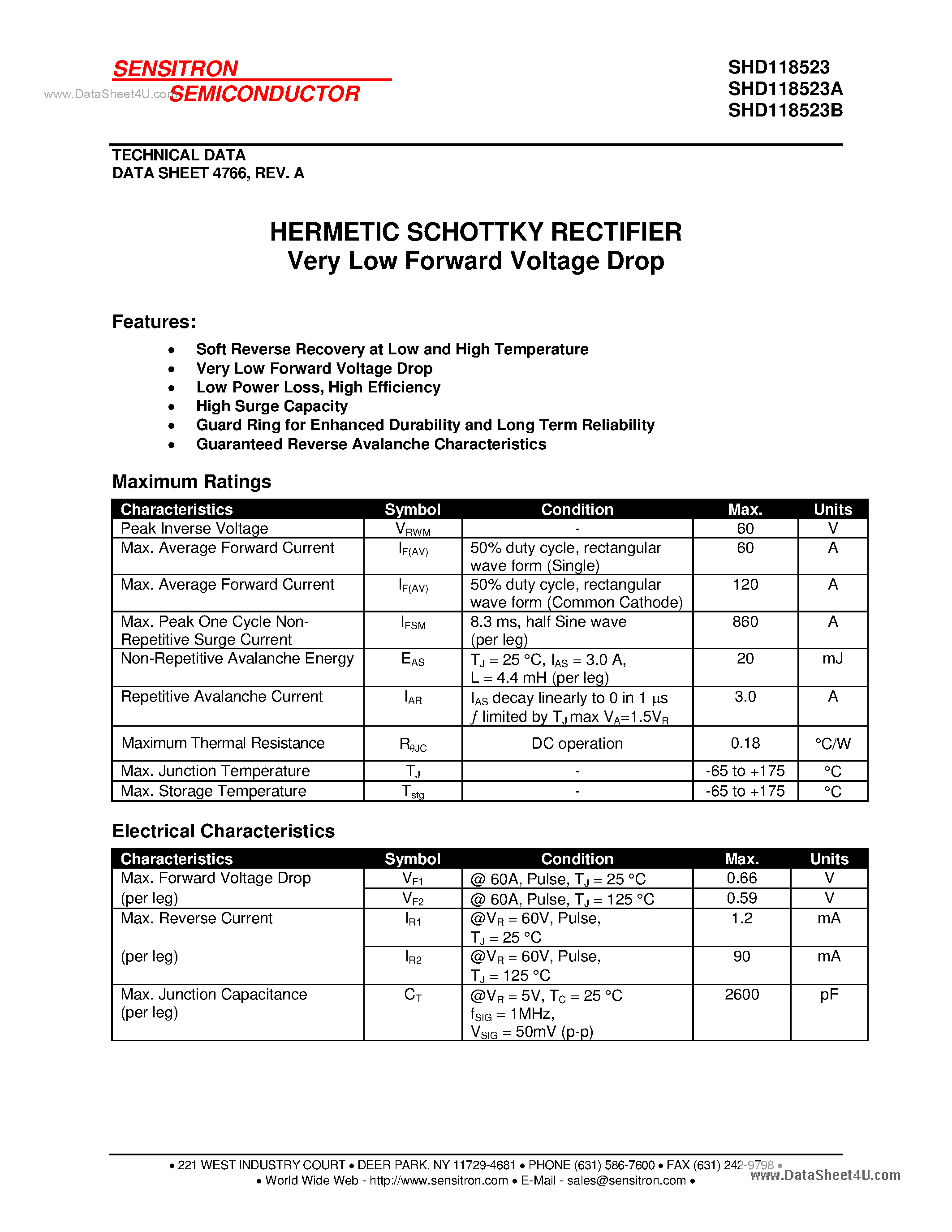 Datasheet SHD118523 page 1 Datasheet SHD118523 - HERMETIC SCHOTTKY RECTIFIER page 1