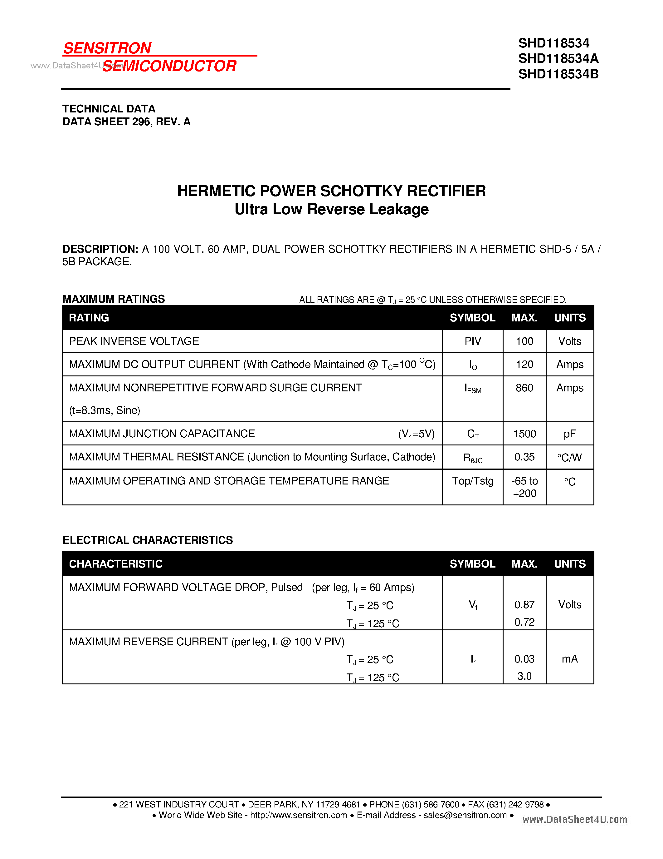 Datasheet SHD118534 - HERMETIC SCHOTTKY RECTIFIER page 1