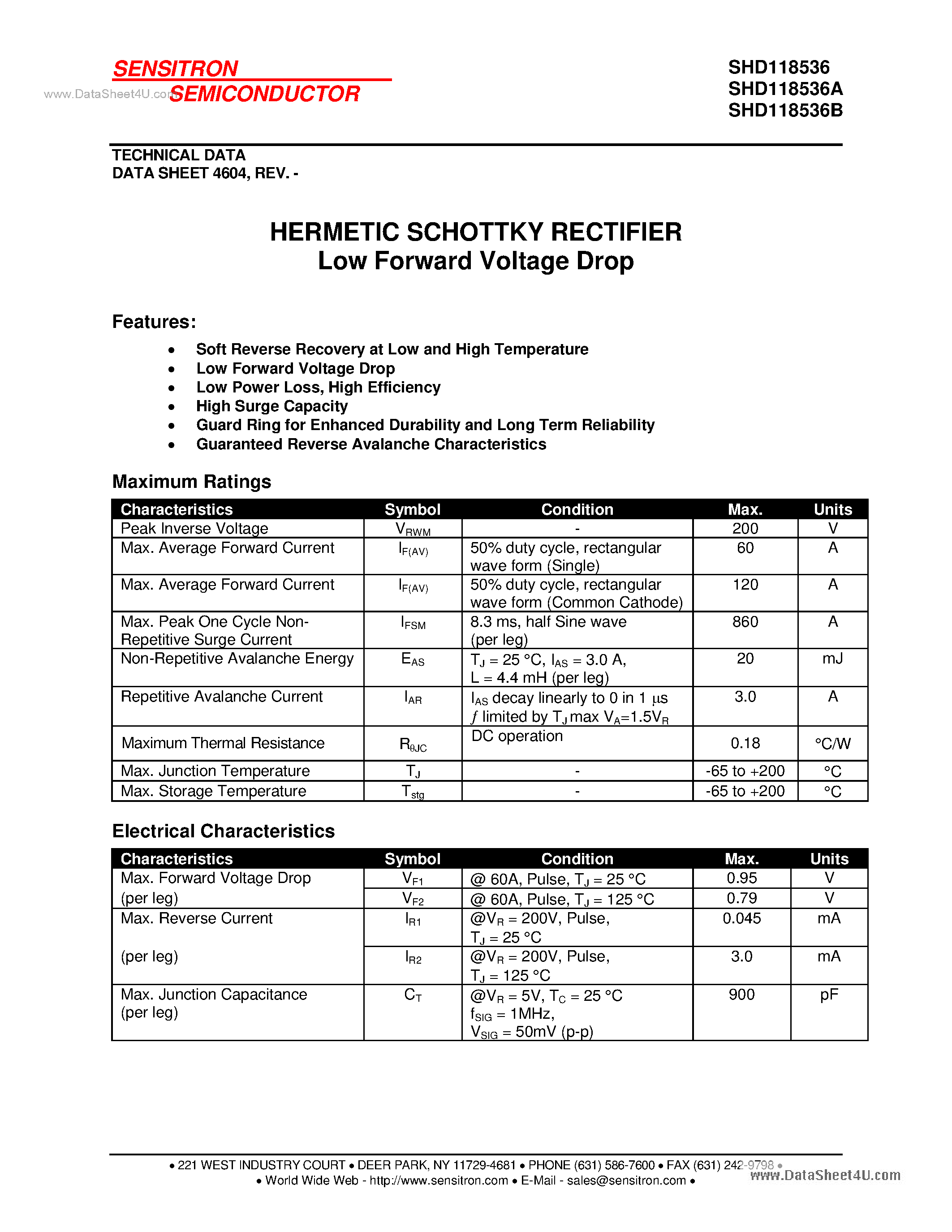 Datasheet SHD118536 page 1 Datasheet SHD118536 - HERMETIC SCHOTTKY RECTIFIER page 1