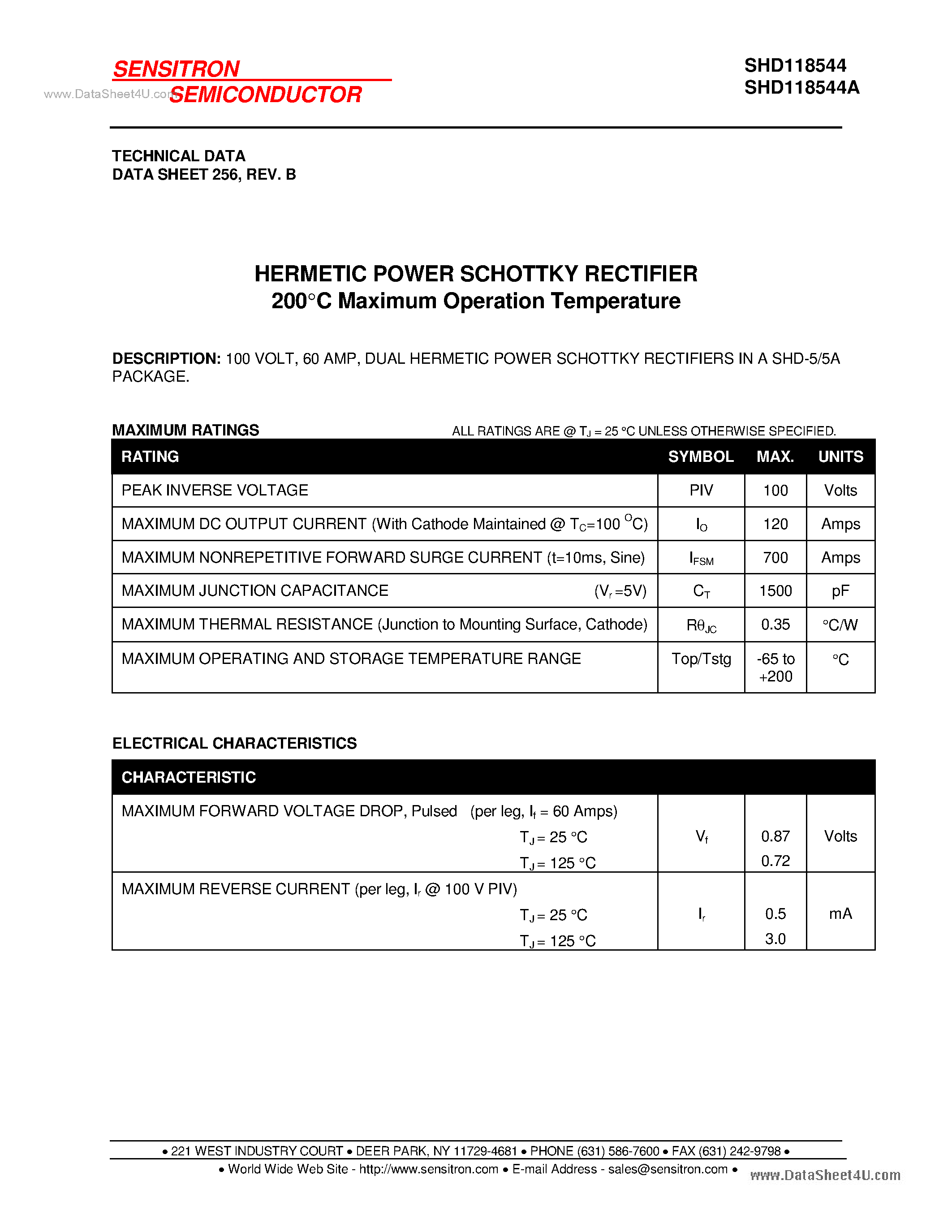 Datasheet SHD118544 page 1 Datasheet SHD118544 - HERMETIC SCHOTTKY RECTIFIER page 1
