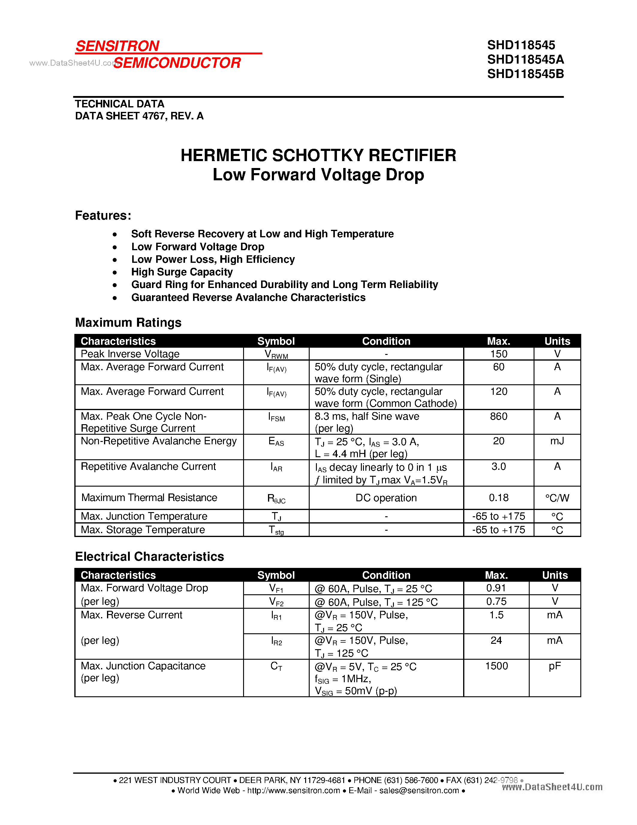 Datasheet SHD118545 page 1 Datasheet SHD118545 - HERMETIC SCHOTTKY RECTIFIER page 1