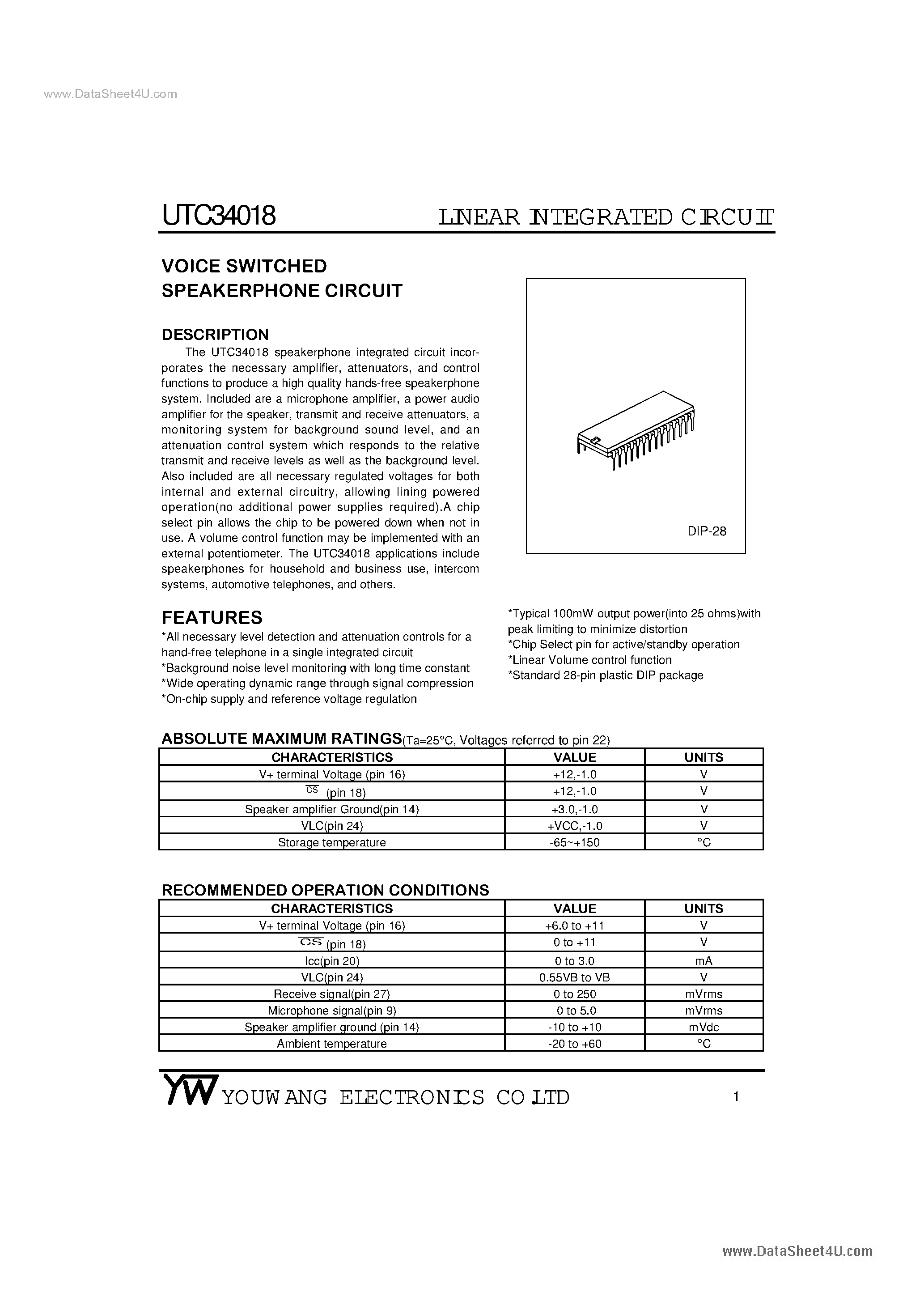 Datasheet UTC34018 page 1 Datasheet UTC34018 - Voice Switched Speakerphone Circuit page 1