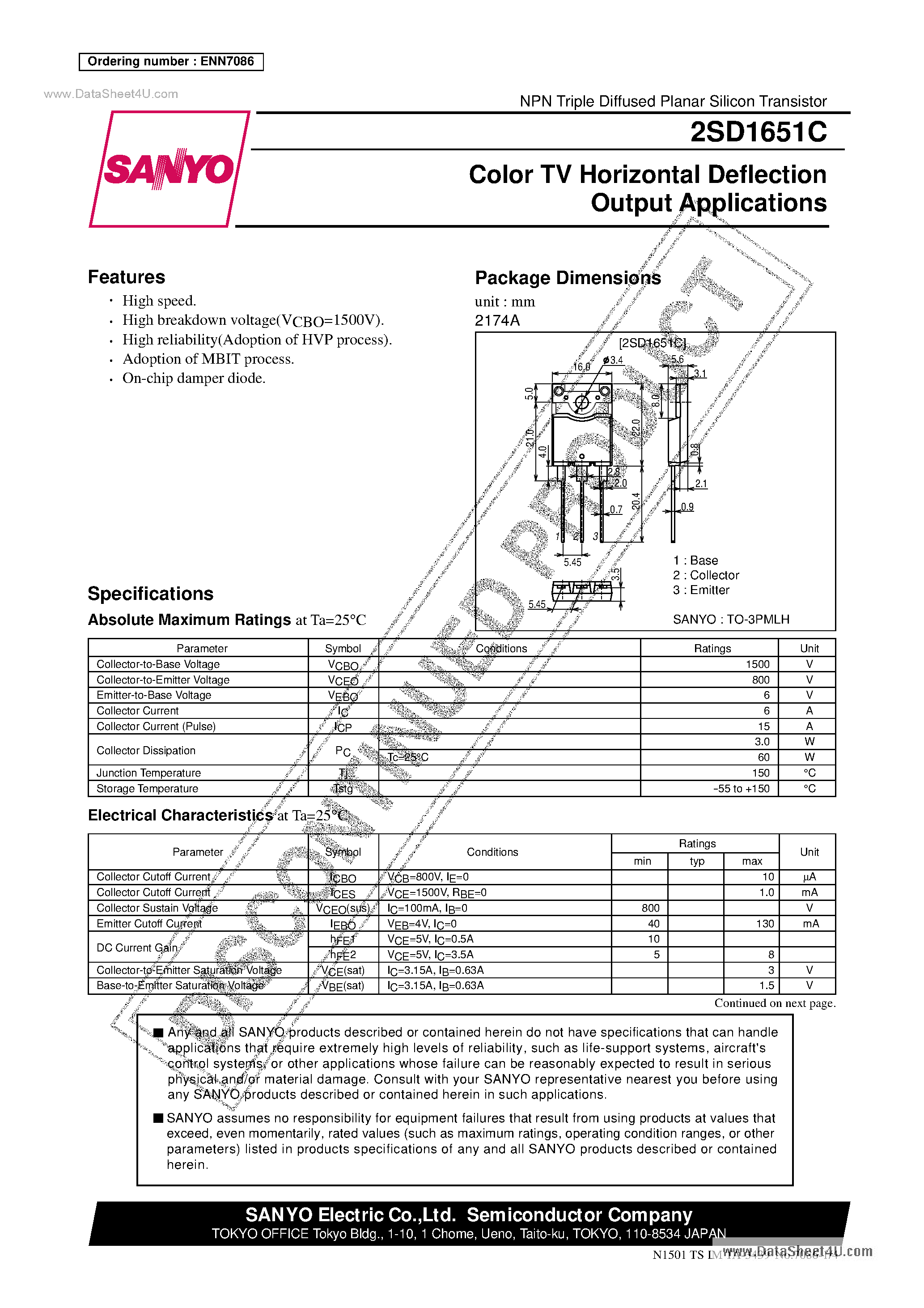 Datasheet 2SD1651C - Color TV Horizontal Deflection Output Applications page 1
