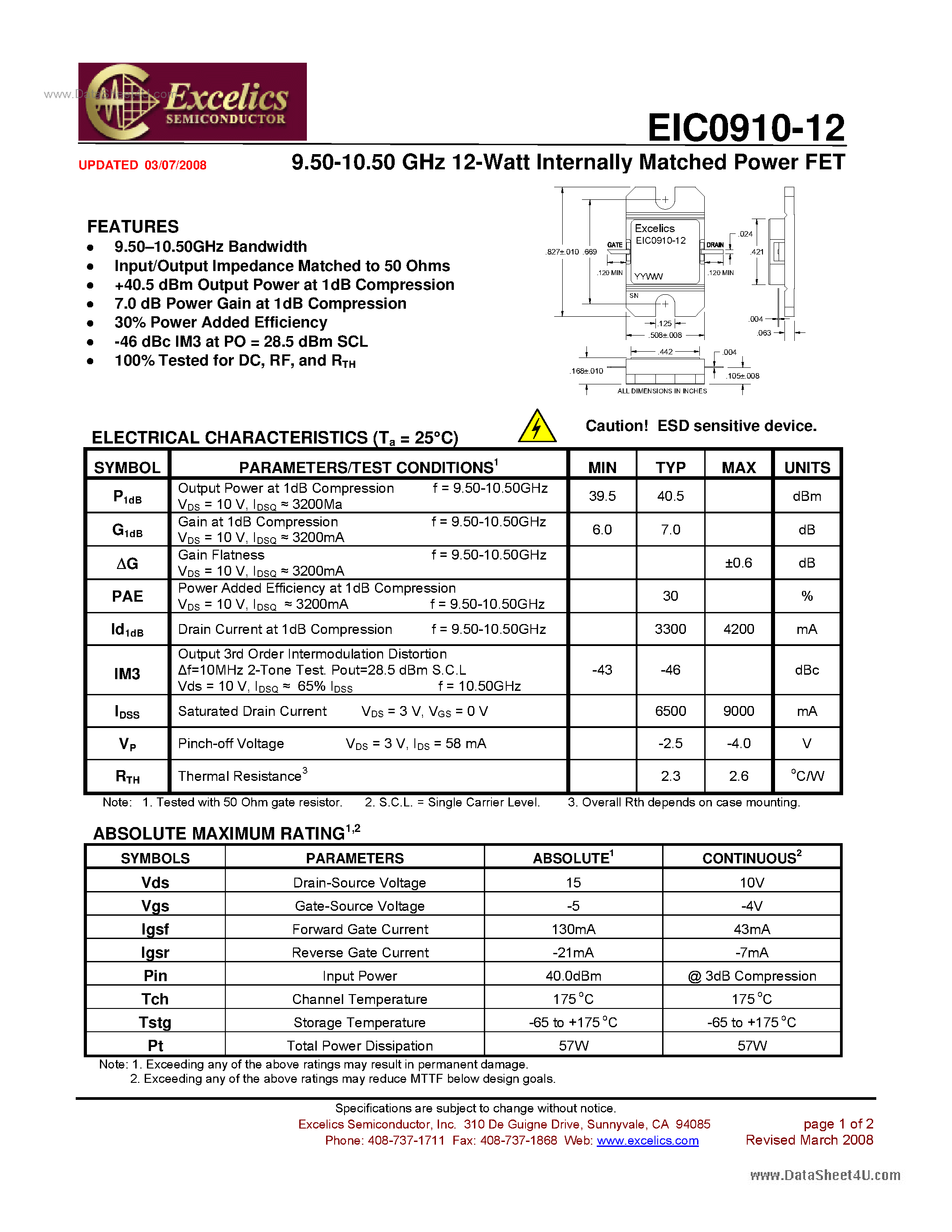 Даташит EIC0910-12 - 9.50-10.50 GHz 12-Watt Internally Matched Power FET страница 1